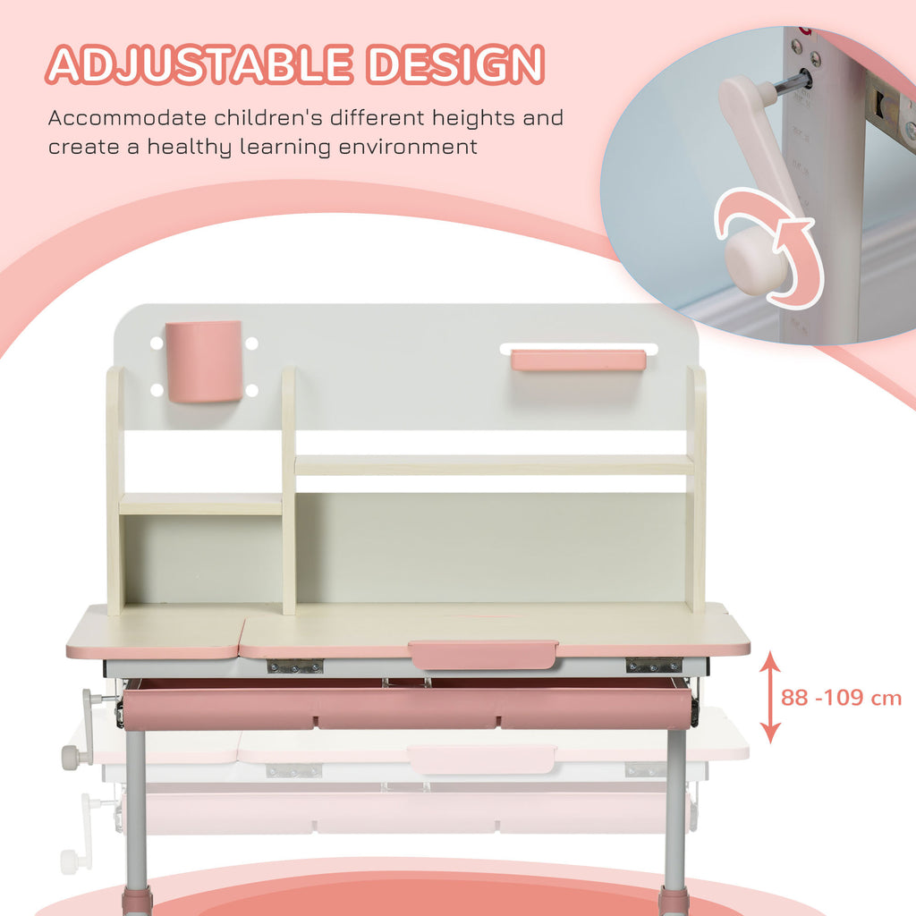 Wooden Kids Study Desk, Height Adjustable Children School Study Table, Student Writing Desk with Tilt Desktop, Drawer, Storag