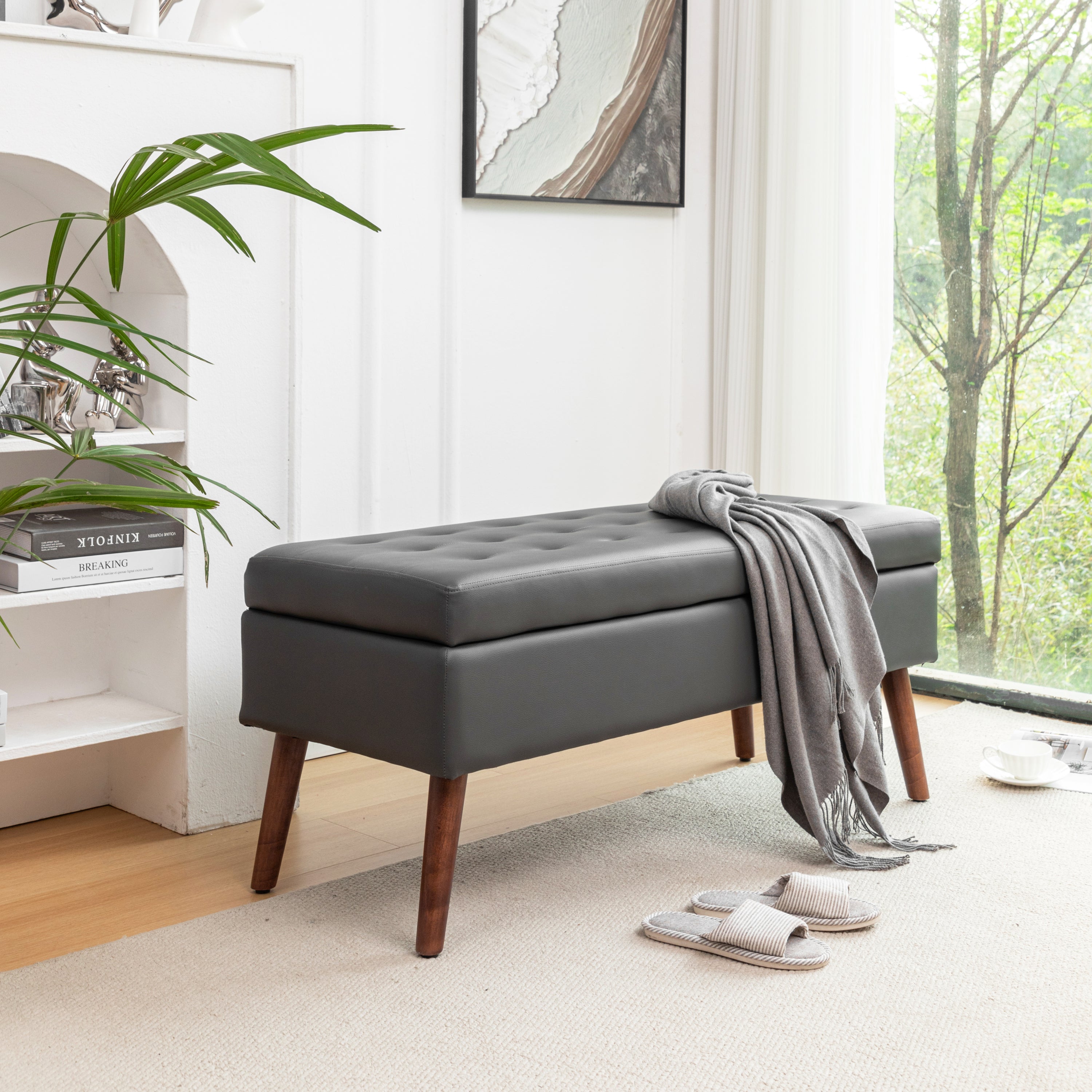 Storage Bench with Storage Bench for Bedroom End of Bed Bench Foot of Bed Bench Entryway Bench Storage Ottoman Bench 43.3' W x 17.7' Dark Grey Leather Bench - Grand Goldman Shop