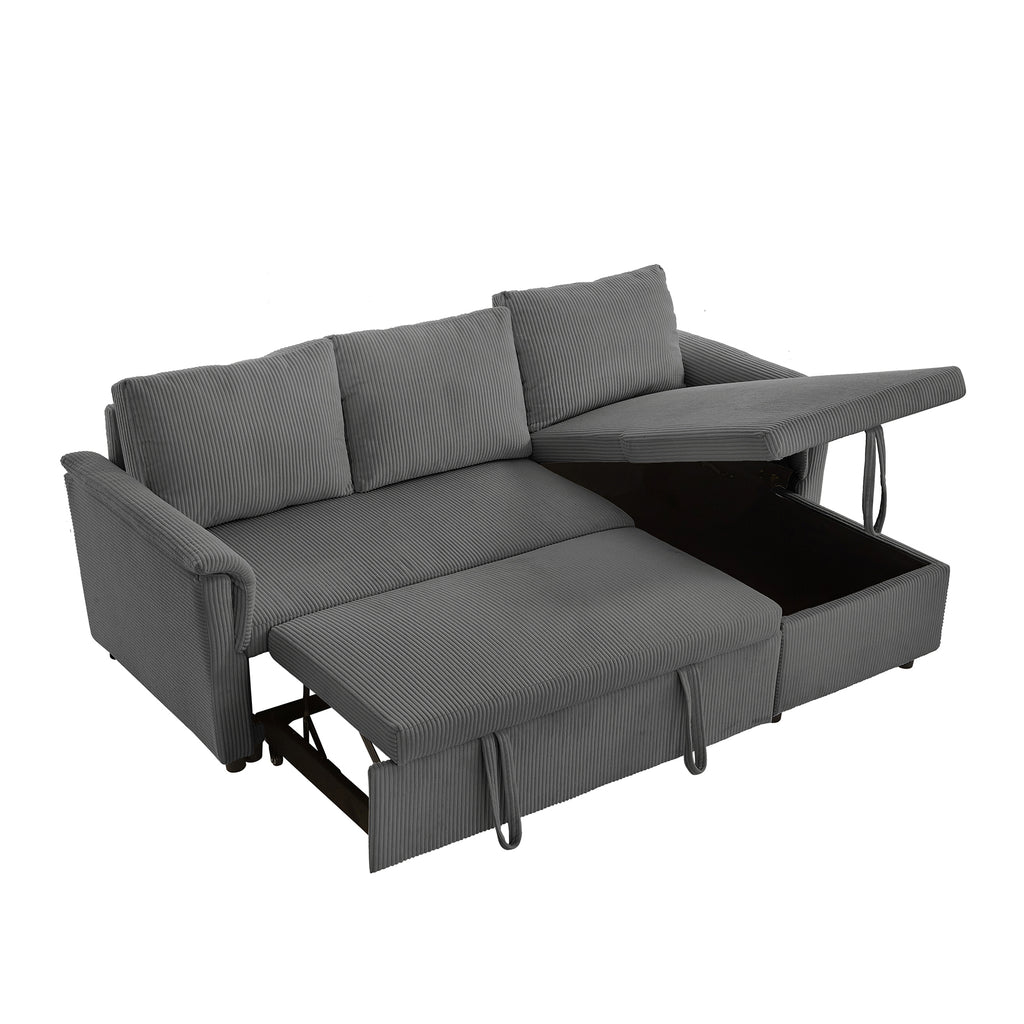 Loveseat Sofa with Chaise Lounge L-Shaped Modular Convertible Sofa with Storage Chaise, Corduroy Tufted Upholstered Sleeper Sectional Sofa,Pull Out Sleep Couch Bed and Reclining Backrest-Gray - Grand Goldman Shop