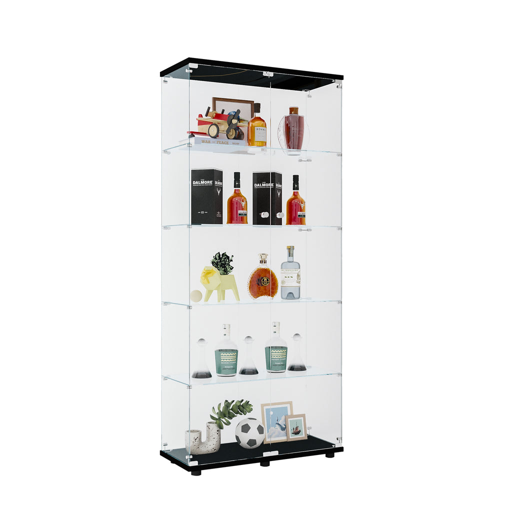Glass Display Cabinet with 5 Shelves Double Door, Curio Cabinets for Living Room, Bedroom, Office, Black Floor Standing Glass
