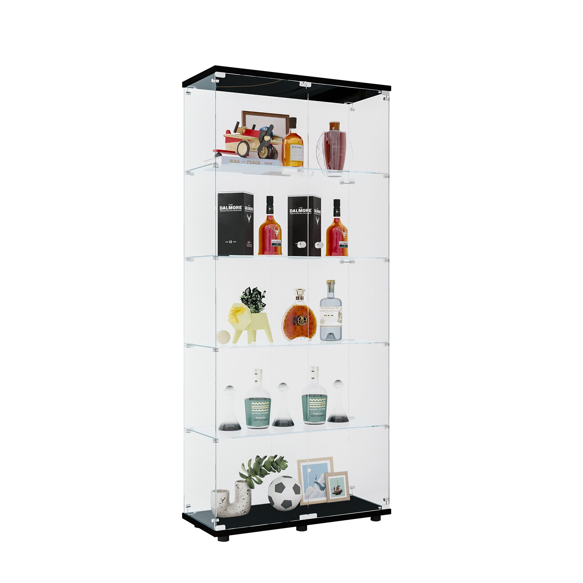Glass Display Cabinet with 5 Shelves Double Door, Curio Cabinets for Living Room, Bedroom, Office, Black Floor Standing Glass