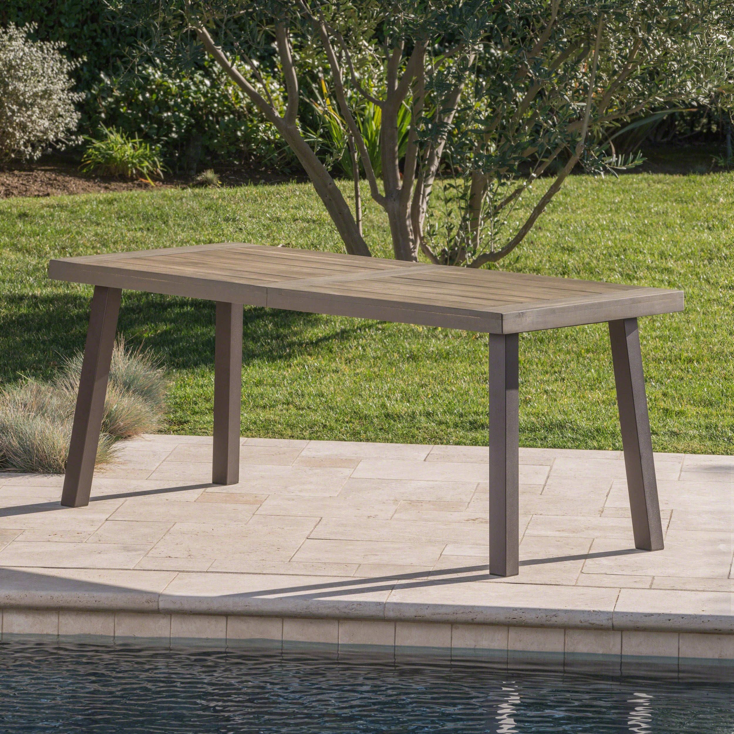 Acacia Wood Dining Table with Slat Design, Grey Finish / Rustic Metal - Grand Goldman Shop