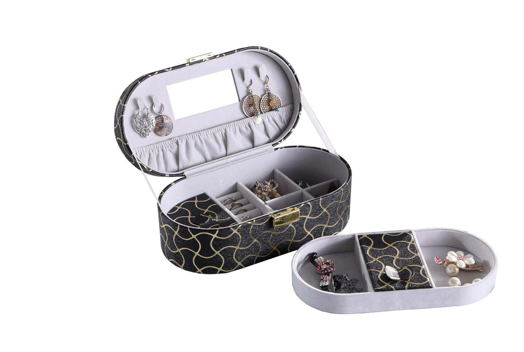 9.5' Long Leather Jewelry Organizer Case with Mirror, Gold Swirl Pattern, Black - Grand Goldman Shop