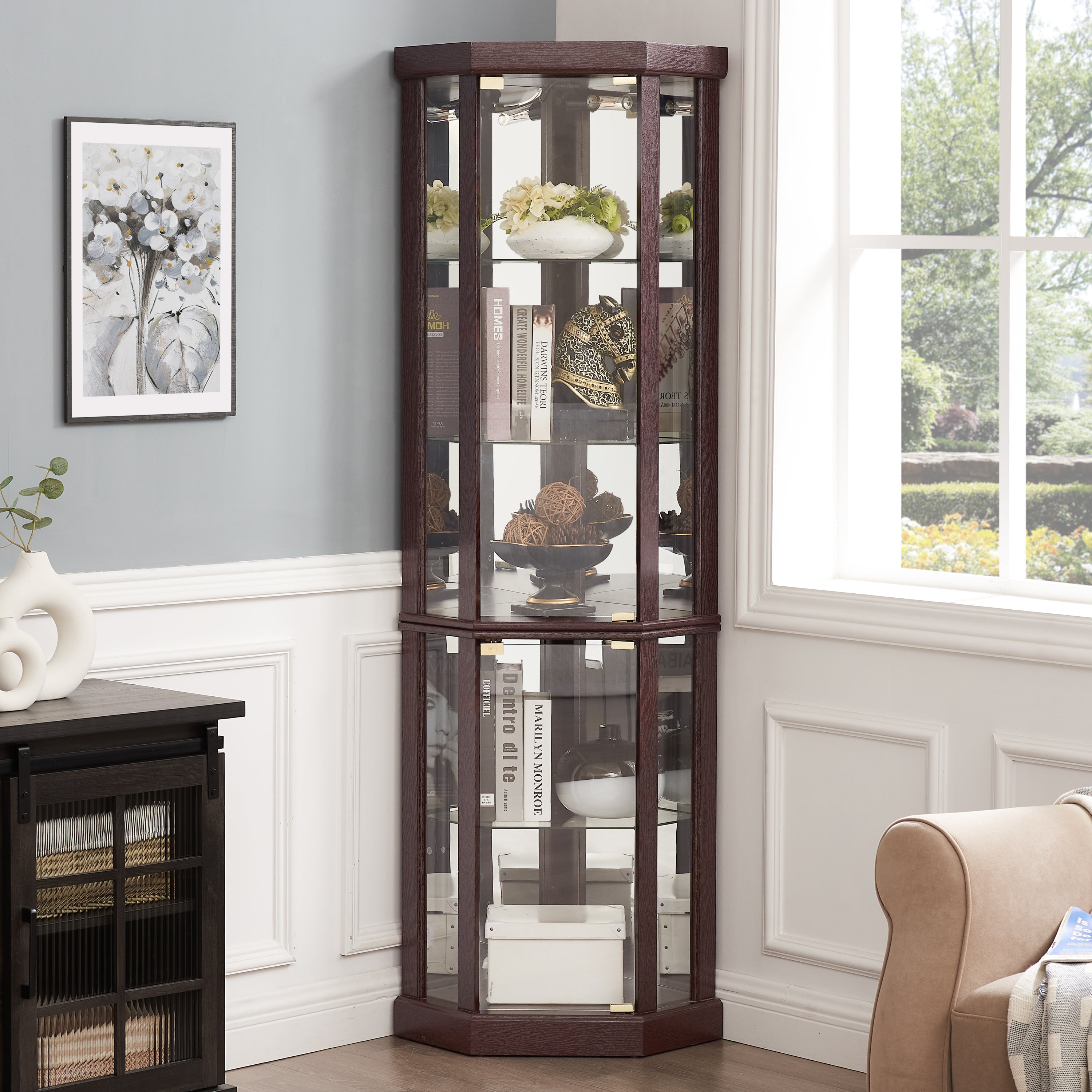 Corner Lighted Curio Cabinet Corner Glass Cabinet Lighted Curio Cabinet Corner Display Case for Living Room, Curio Cabinet, Antique collection, Wine,Bar Glass Storage Light Included,Dark Cherry - Grand Goldman Shop