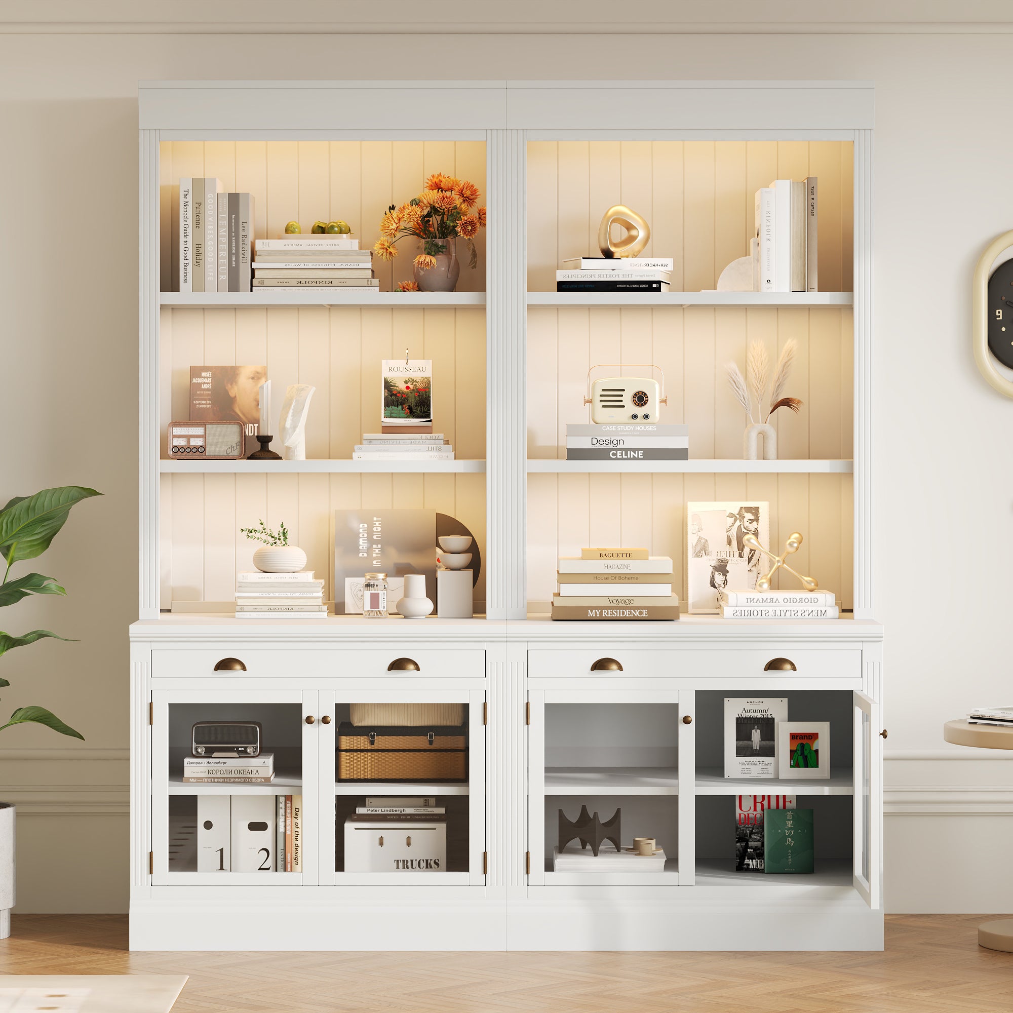 83.4'Tall Bookshelf Suite with LED Lighting, Modern Bookcases with Glass Doors and Drawers,2-Piece Set Storage Bookcase Suite