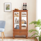 Lighted Glass Cabinet Glass Wine Cabinet Curio Display Cabinet with Adjustable Glass Shelves 2 Doors and 1 drawer Cabinet Bulb Included OAK - Grand Goldman Shop