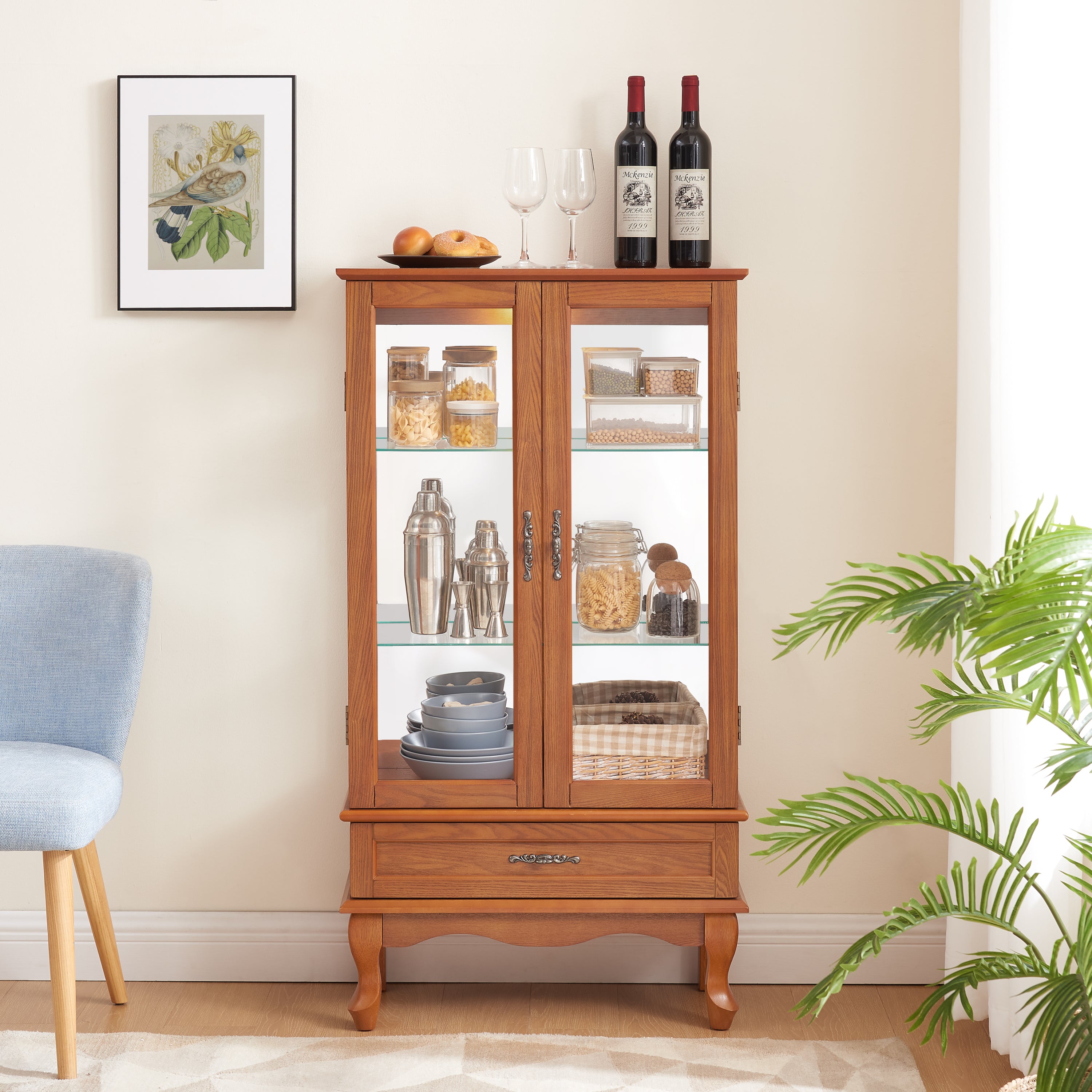 Lighted Glass Cabinet Glass Wine Cabinet Curio Display Cabinet with Adjustable Glass Shelves 2 Doors and 1 drawer Cabinet Bulb Included OAK - Grand Goldman Shop