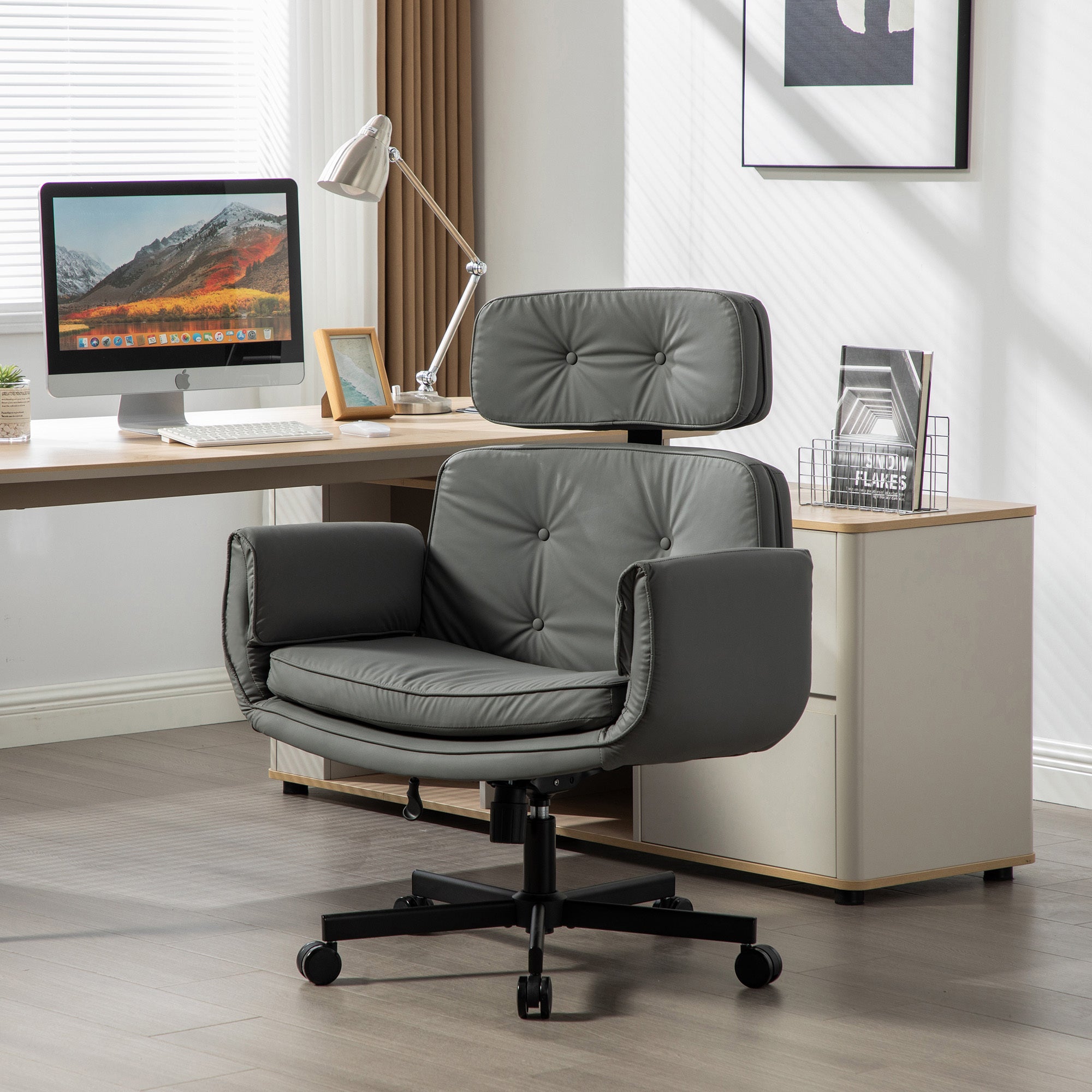 Criss Cross Chair with Adjustable Armrests & Wheels & Headrest, PU Lounge Vanity Desk Chair with Wide Seat for Cross-Legged S