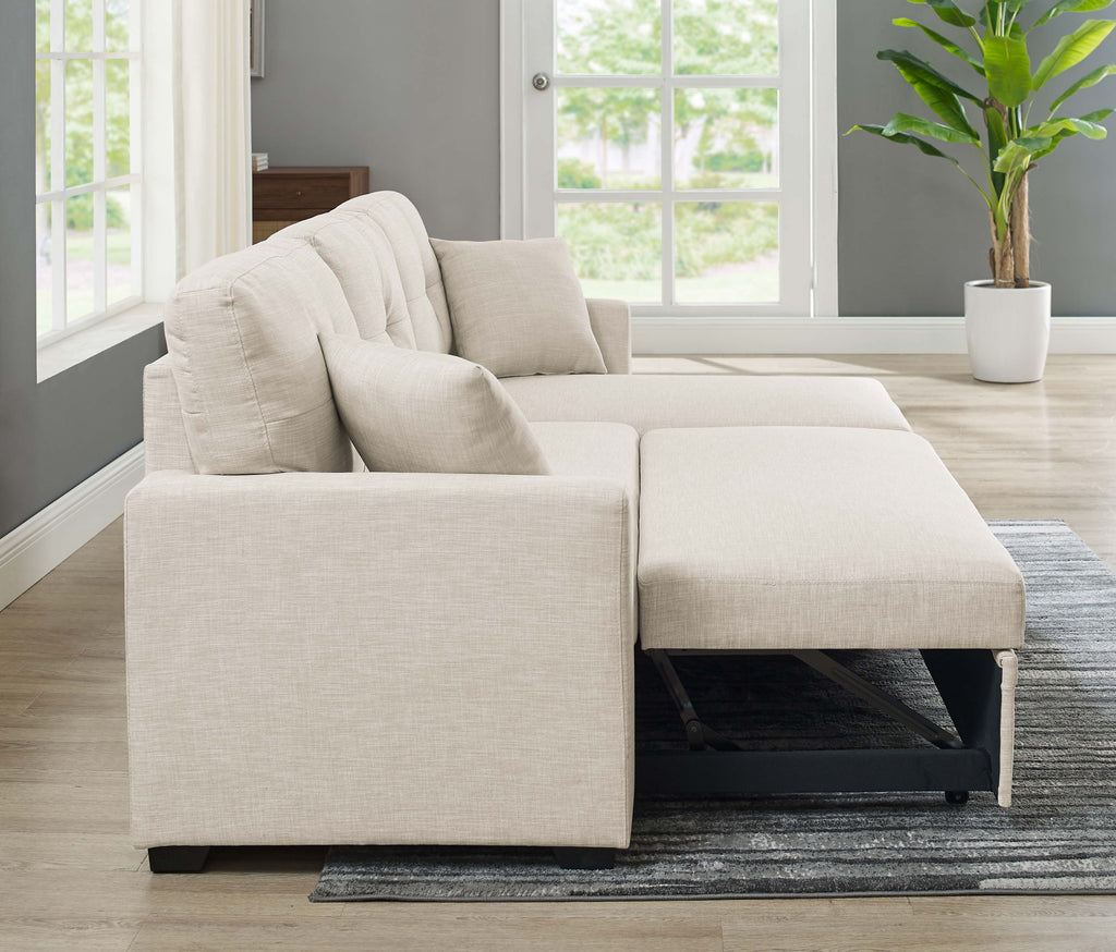 76.5' Linen Blend Upholstered Sectional with Pull-Out Bed and Chaise Storage - Grand Goldman Shop