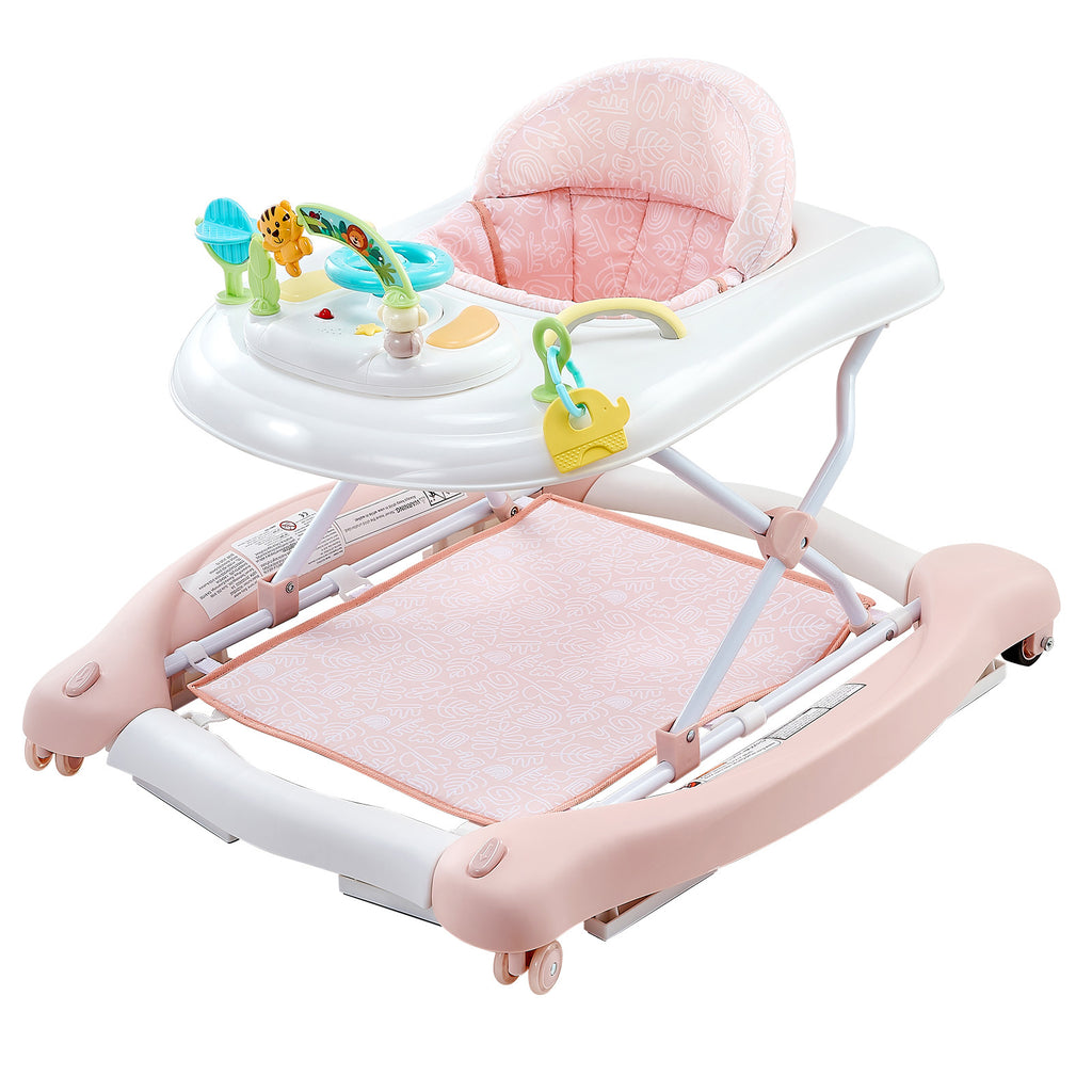 5-in-1 Baby Walker, Folding Baby Activity Center on Wheels, Height Adjustable Rocker Bouncer Walker with Comfortable High-Bac
