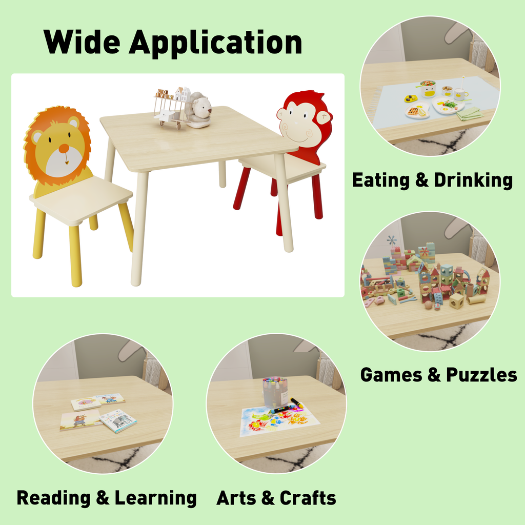 Lion & Monkey Wooden Activity Play Table Set for Kids, 3-Piece Toddler Table and Chair Set in Yellow & Red, Solid Wood & MDF,