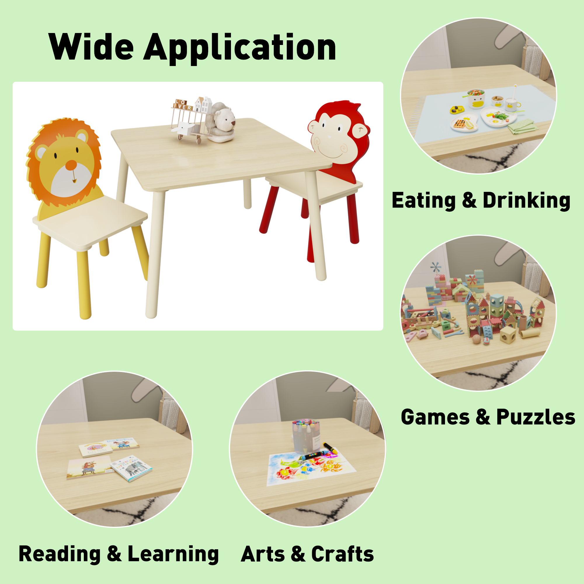 Lion & Monkey Wooden Activity Play Table Set for Kids, 3-Piece Toddler Table and Chair Set in Yellow & Red, Solid Wood & MDF,