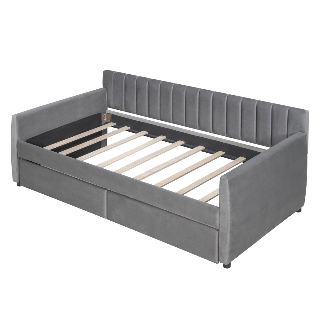 Twin Size Upholstered daybed with Drawers, Wood Slat Support, Gray - Grand Goldman Shop