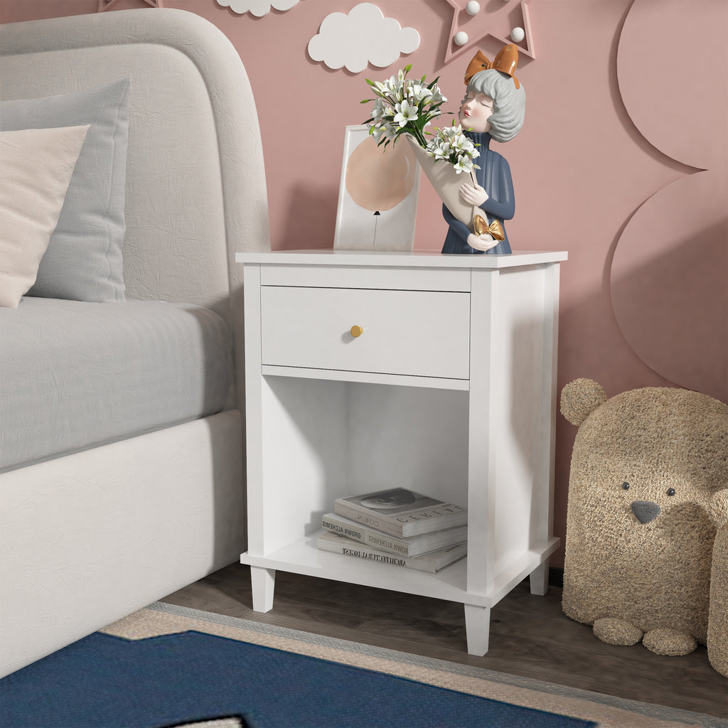 26.77''H White Wooden Nightstand with One Drawer and Shelf, Golden Handle, MDF Construction for Kids and Adults - Grand Goldman Shop