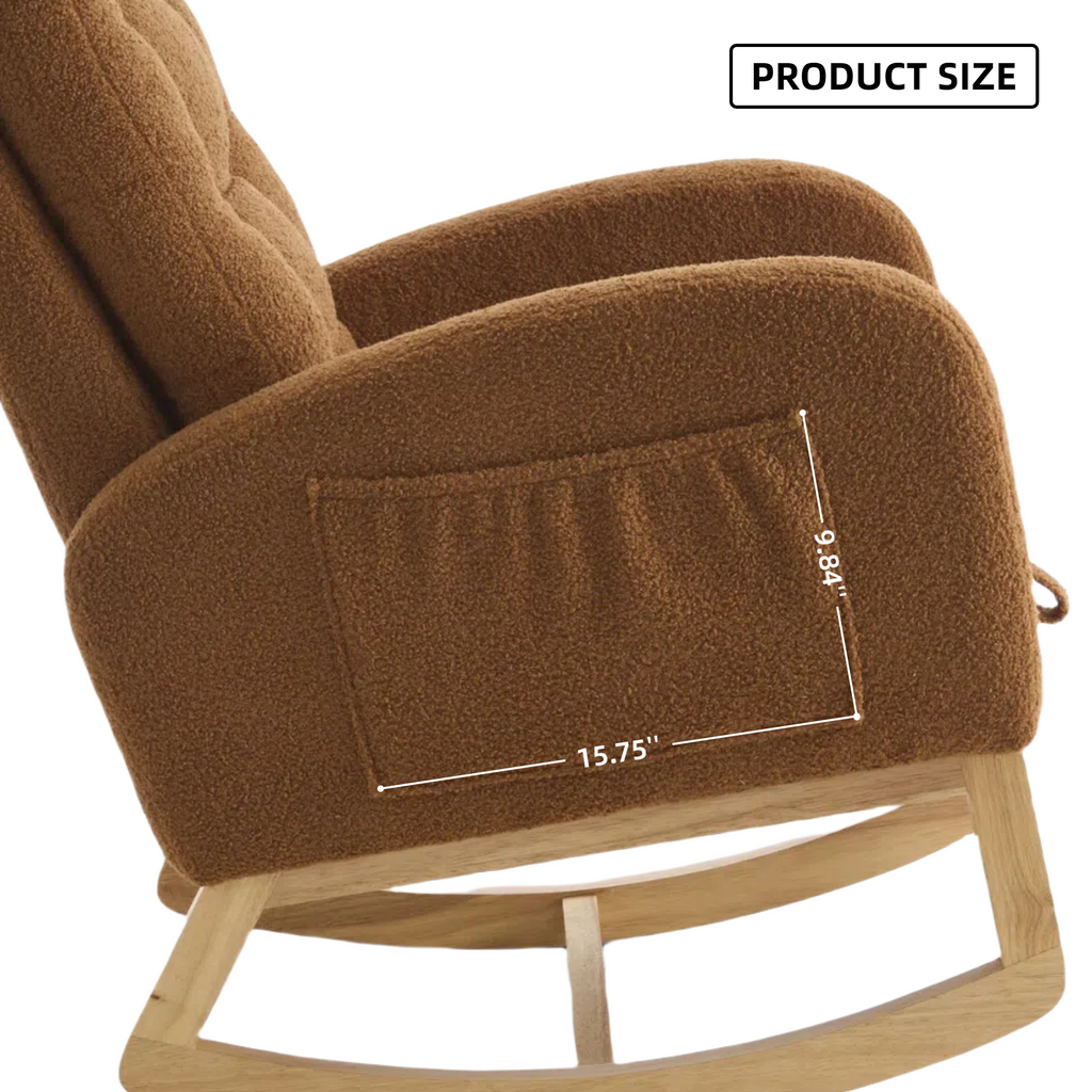 LY-5104 Caramel Accent Rocking  Chair with  Footrest High Back Rubber Wood Rocking Legs Bedroom Living Space   26.77D X 38.36W X 39.76H Inch - Grand Goldman Shop