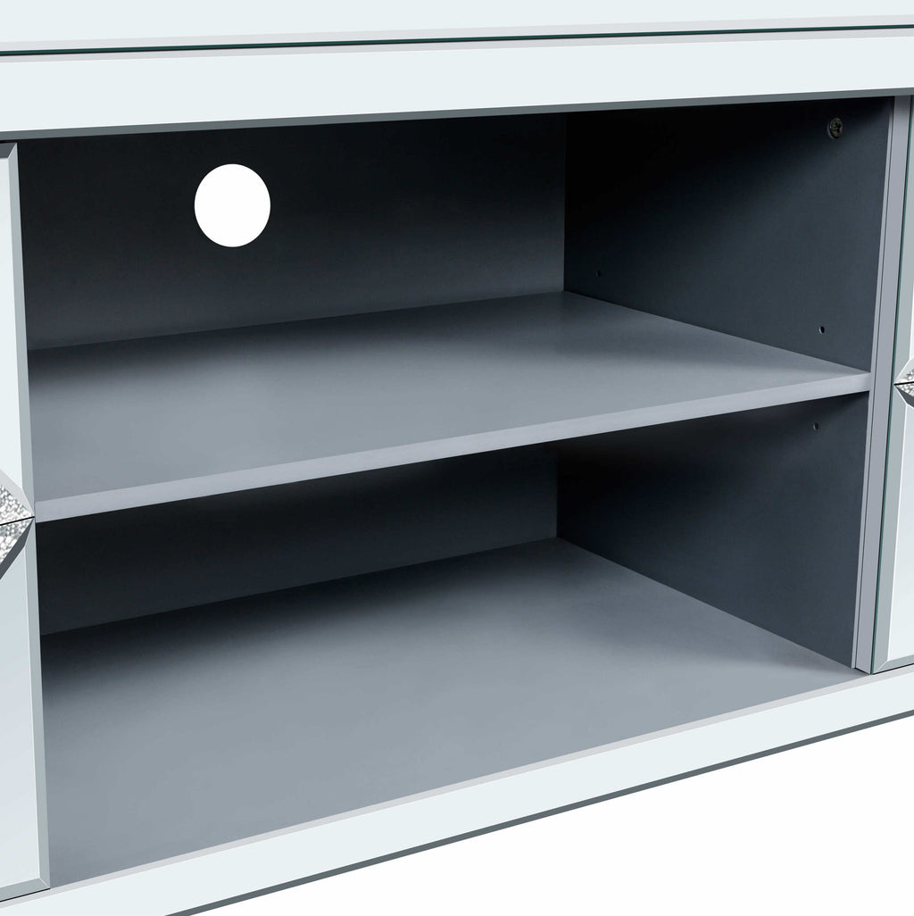 Mirrored TV Stand for 65+ inch TV,Sliver TV Console Table with Open Storage & 2 Storage Cabinets ,Diamond Shape Sparkling Mirror Doors for Living Room(59''W x 25.2''H x 15.7D) - Grand Goldman Shop