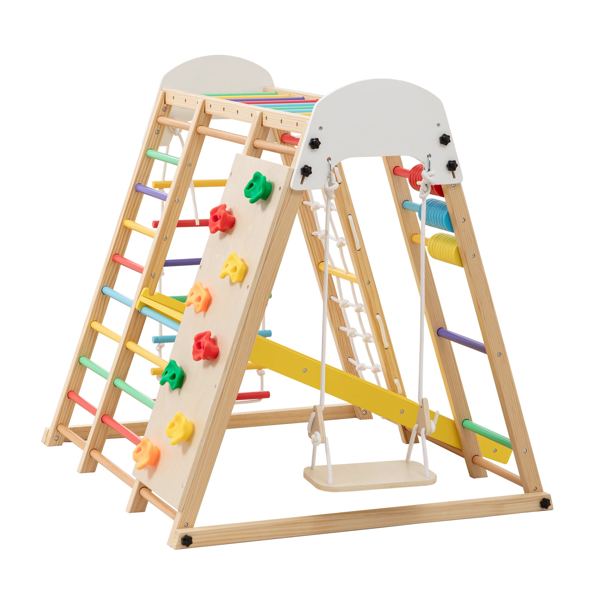 9-in-1 Foldable Kids Climbing Frame & Slide, Wooden Toddler Playground with Swing, Monkey Bars, Climbing Rock, Abacus Game – 