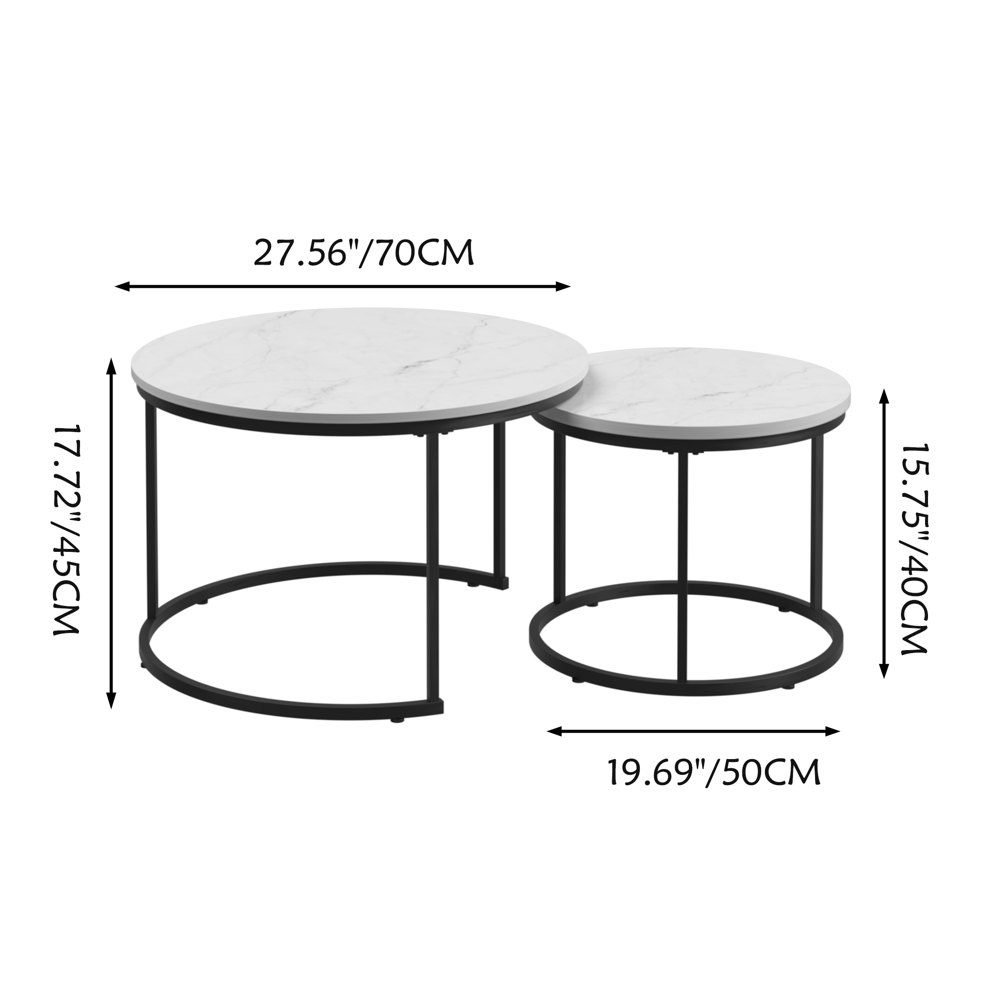Nesting Coffee Table Set of 2, 27.6inch Round Wood Marble Pattern Top with Sturdy Metal Frame, White Living Room End Tables for Bedroom Balcony Yard - Grand Goldman Shop