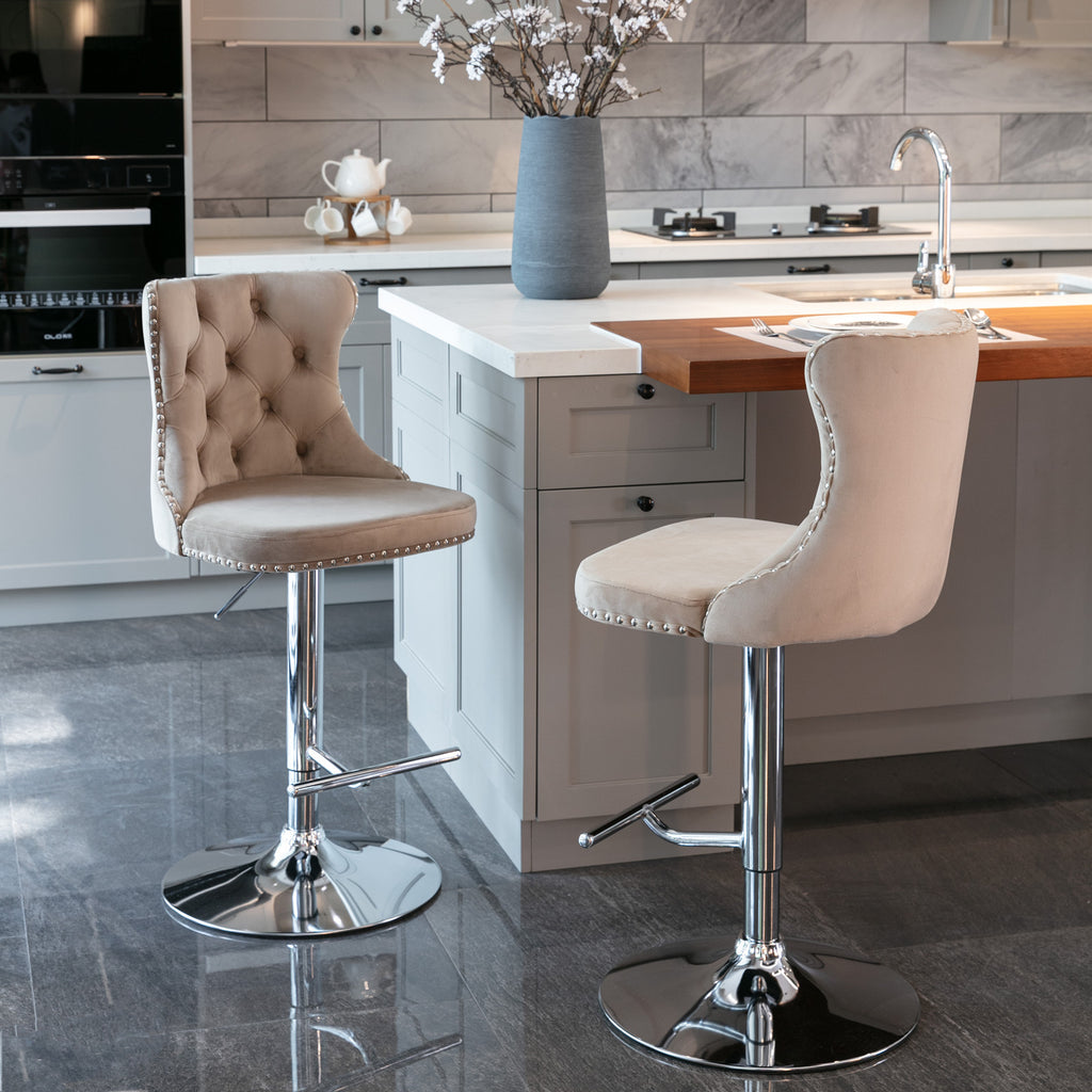 A&A Furniture,Swivel Velvet Barstools Adjusatble Seat Height from 25-33 Inch, Modern Upholstered Chrome base Bar Stools with Backs Comfortable Tufted for Home Pub and Kitchen Island（Khaki,Set of 2） - Grand Goldman Shop