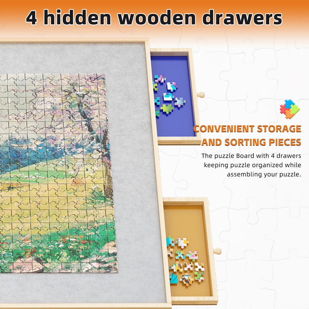 (WHITE) Wooden 1500 Piece Puzzle Table with Drawer, 35'*27.17' Adjustable Puzzle Table, 360° Tilting Puzzle Table with Legs a