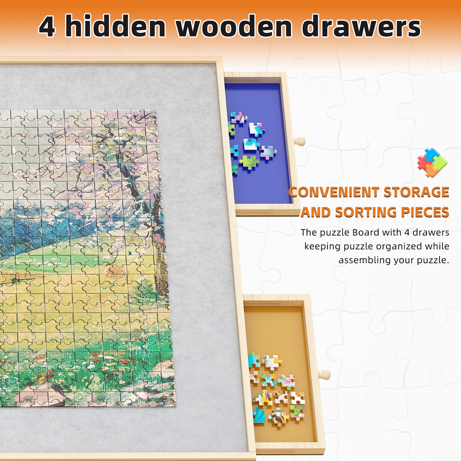 (WHITE) Wooden 1500 Piece Puzzle Table with Drawer, 35'*27.17' Adjustable Puzzle Table, 360° Tilting Puzzle Table with Legs a