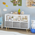 Kids Bookcase with Collapsible Fabric Drawers, Children's Book Display, Toy Storage Cabinet Organizer, White/Gray, MDF+Pine -