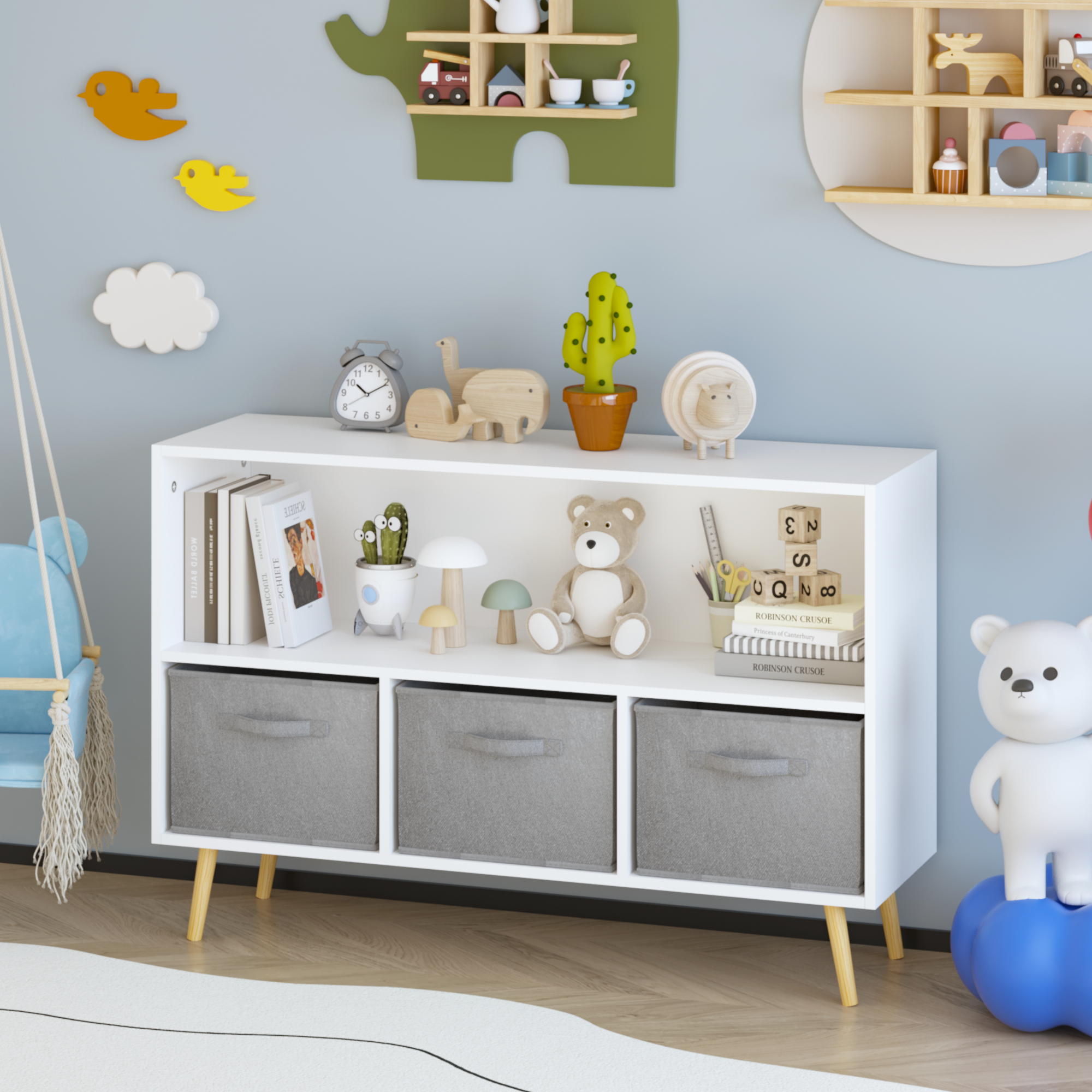 Kids Bookcase with Collapsible Fabric Drawers, Children's Book Display, Toy Storage Cabinet Organizer, White/Gray, MDF+Pine -