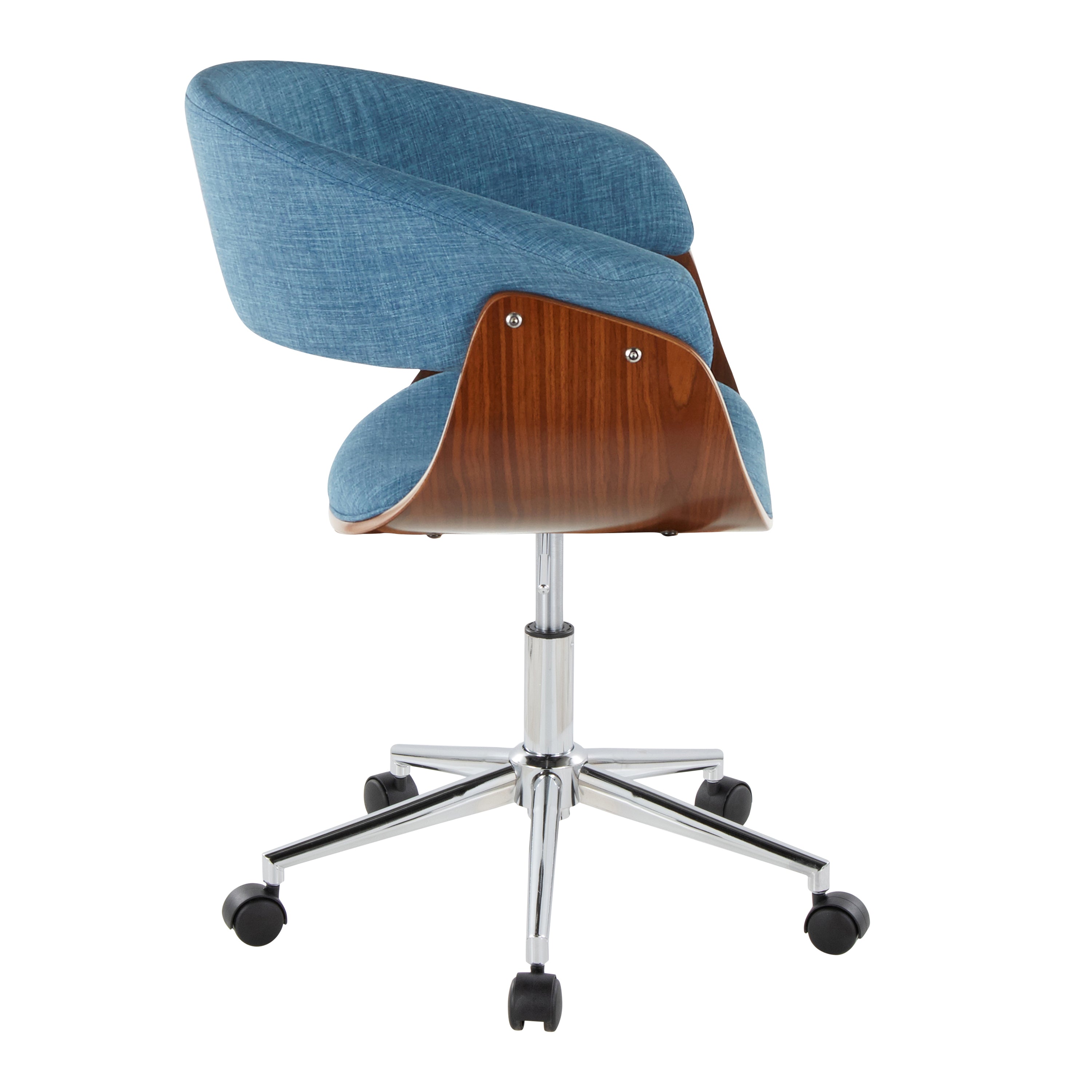 Mid-Century Modern Office Chair in Chrome Metal, Walnut Wood and Blue Fabric - Grand Goldman