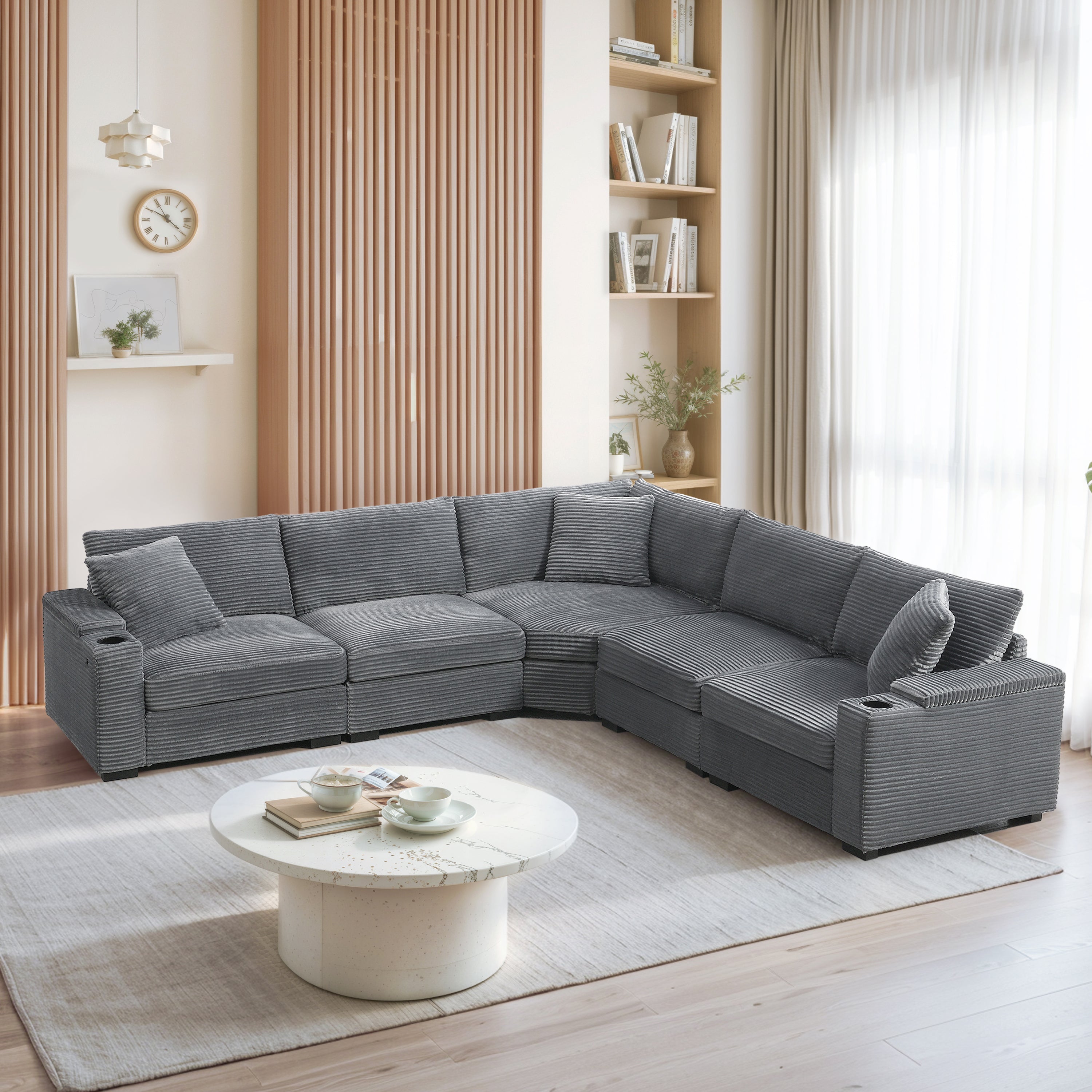 106' Convertible L Shaped Sectional Sofa,Corduroy Corner Couch with Armrest Storage,Cup Holders,USB Charger,Irregular Corner,Oversized Comfy Modular Sofa for Living Room,Apartment,2 Colors - Grand Goldman Shop