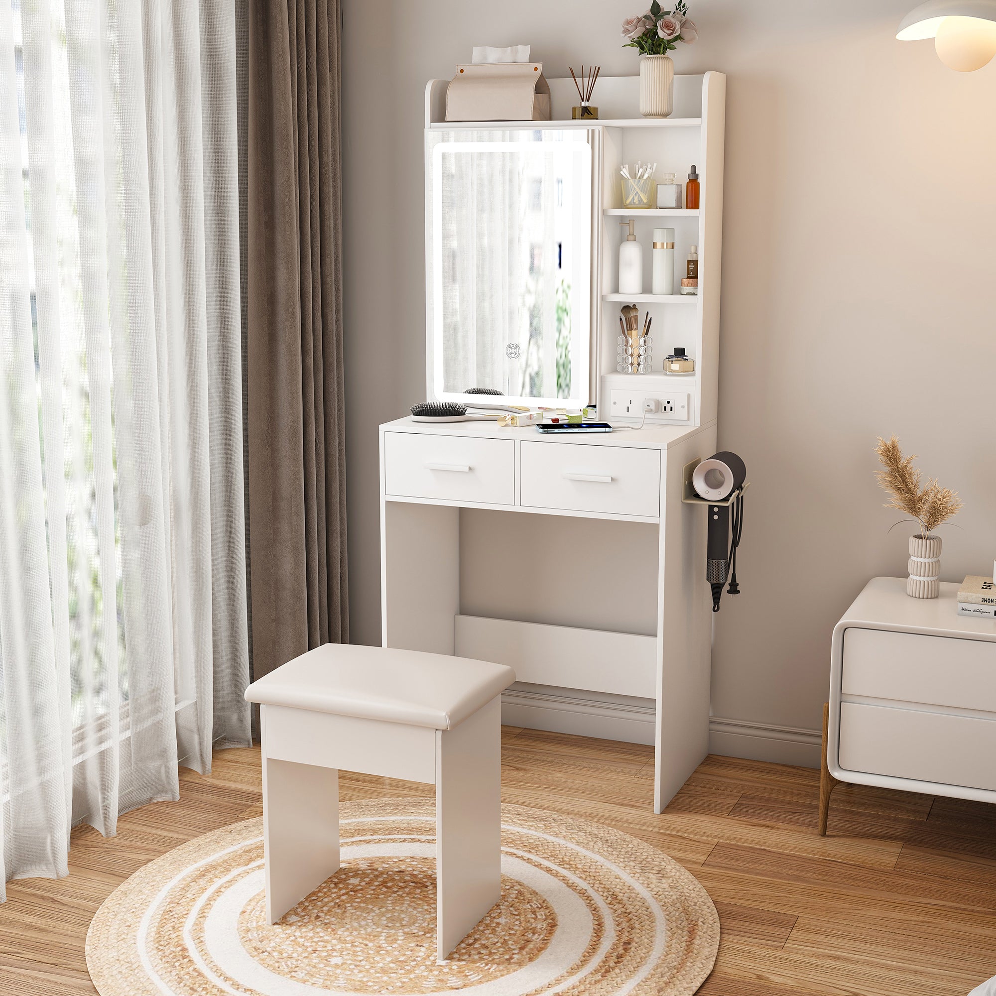 Space-Saving White Makeup Vanity Desk with Mirror & Adjustable LED Lights, Built-in Power Outlet, Hidden Storage, Includes Stool & Shelf - Grand Goldman Shop