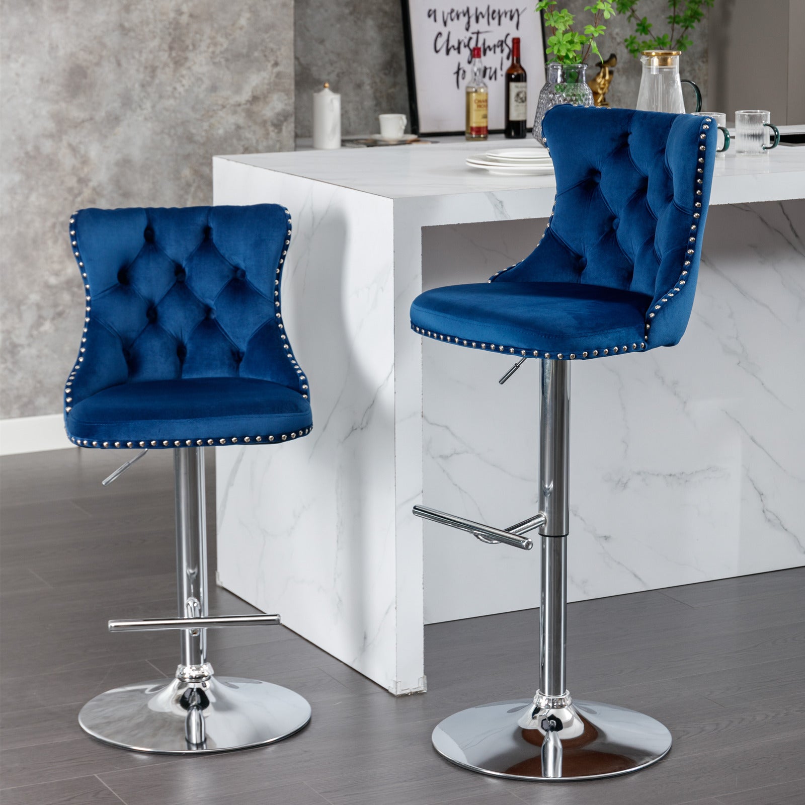A&A Furniture,Swivel Velvet Barstools Adjusatble Seat Height from 25-33 Inch, Modern Upholstered Chrome base Bar Stools with Backs Comfortable Tufted for Home Pub and Kitchen Island（Blue,Set of 2） - Grand Goldman Shop