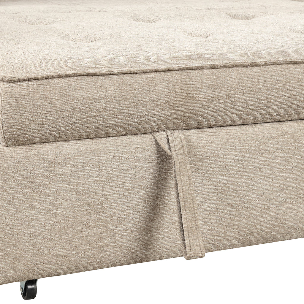 Modern L-Shape 3 Seat Reversible Sectional Couch with Pull Out Sleeper, Storage Chaise & 2 Stools, Cream, Linen Chenille - Grand Goldman Shop