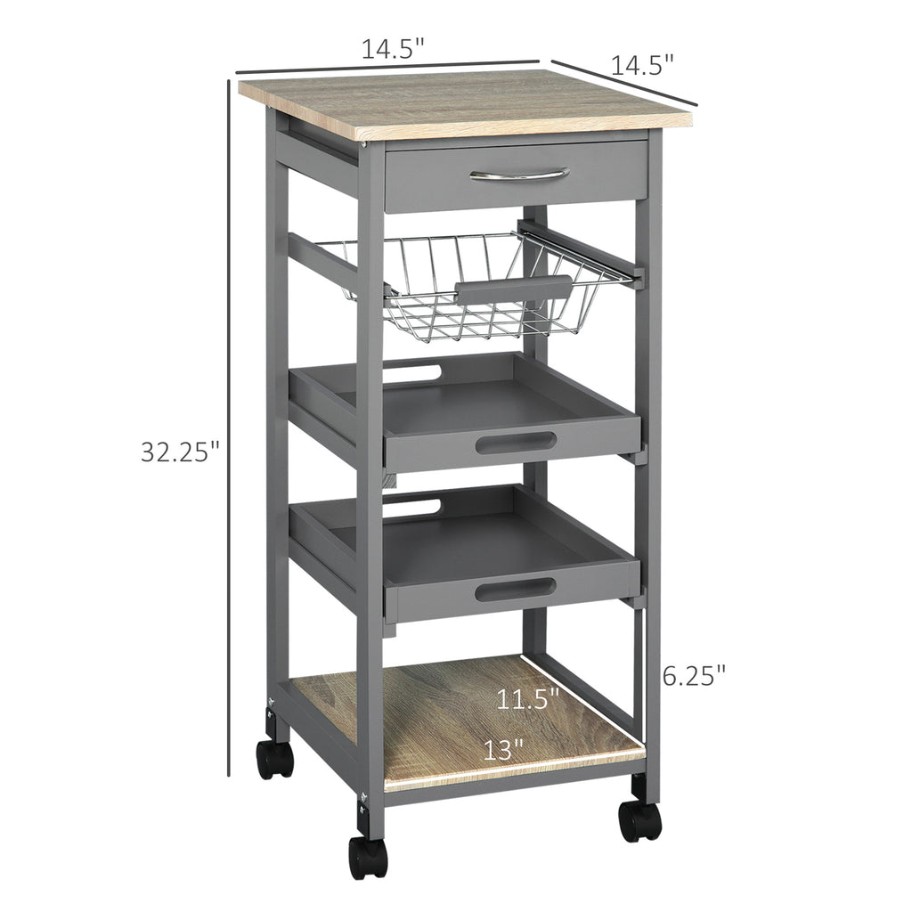 Mobile Rolling Kitchen Island Trolley Serving Cart with Underneath Drawer & Slide-Out Wire Storage Basket, Grey - Grand Goldman Shop