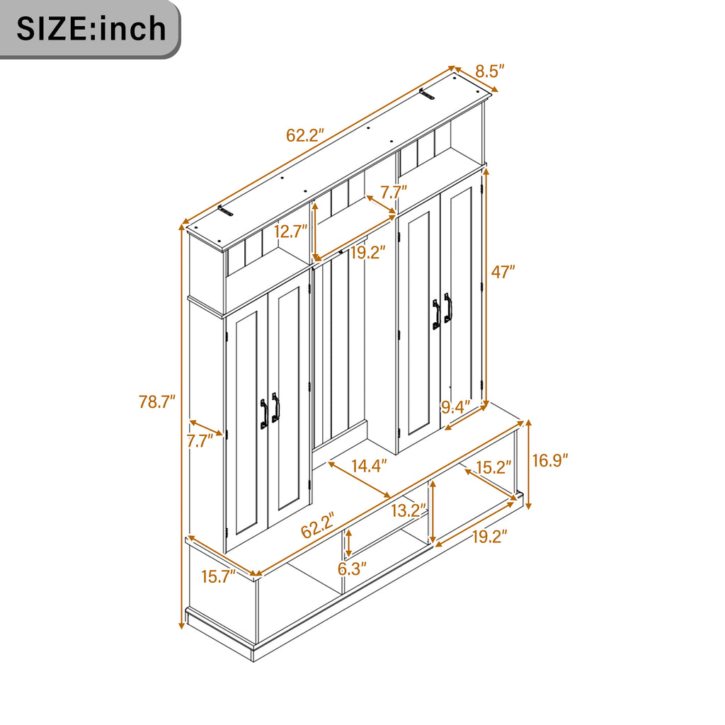 62.2''W Entryway Hall Tree with Bench, 3 Top Cubbies & Bottom Storage Space, Farmhouse Coat Rack with Hooks & Cabinets for Entryway, Hallway, Mudroom, Living Room - Grand Goldman Shop