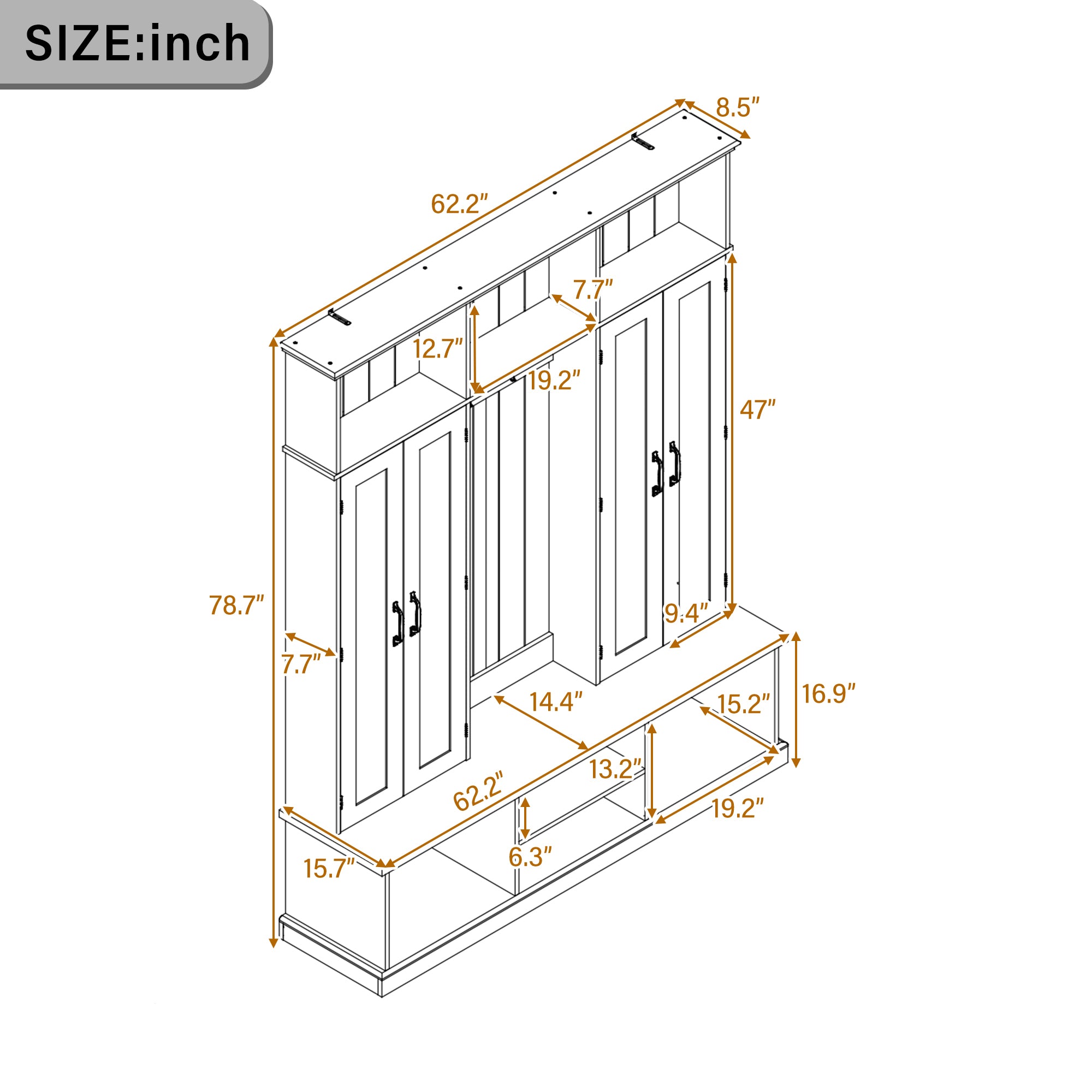 62.2''W Entryway Hall Tree with Bench, 3 Top Cubbies & Bottom Storage Space, Farmhouse Coat Rack with Hooks & Cabinets for Entryway, Hallway, Mudroom, Living Room - Grand Goldman Shop