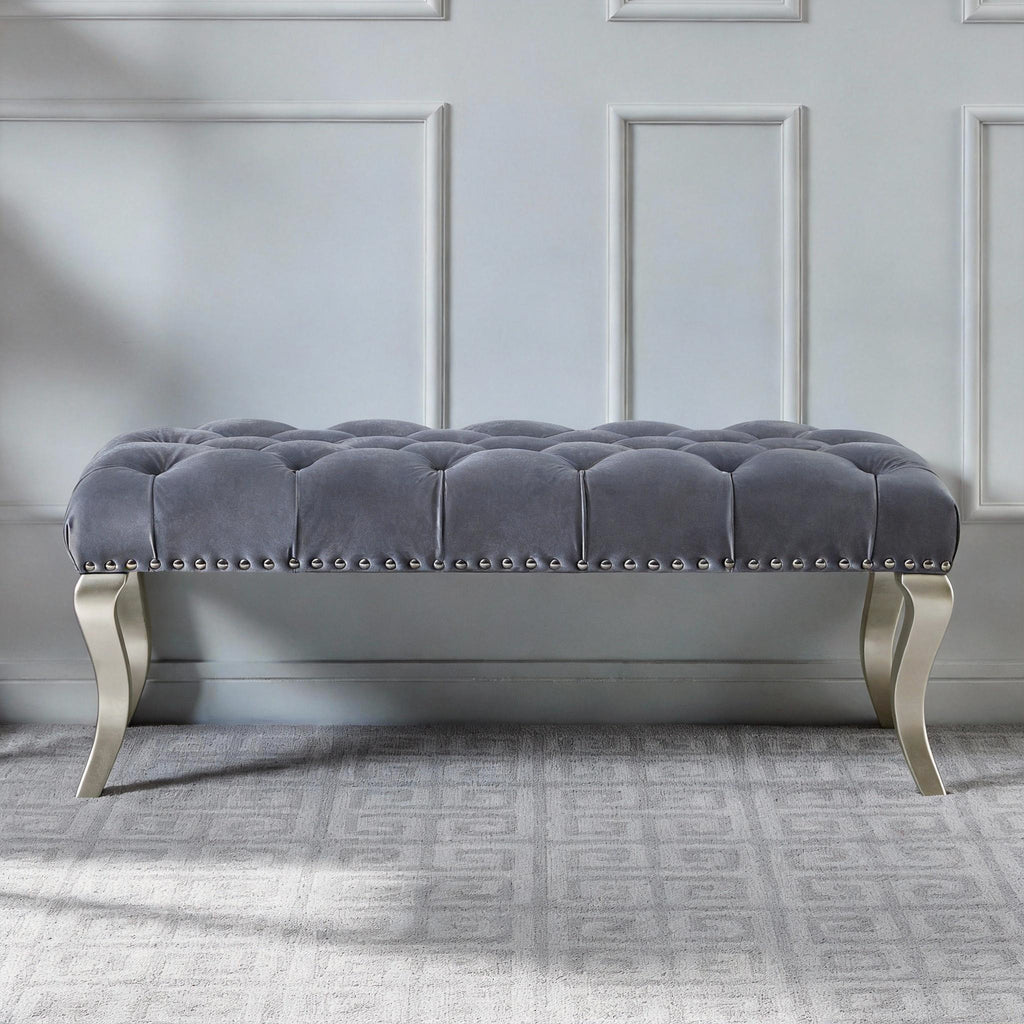 Decor Maxem Tufted Fabric Upholstered Bench Nailhead Trim , Gray - Grand Goldman Shop
