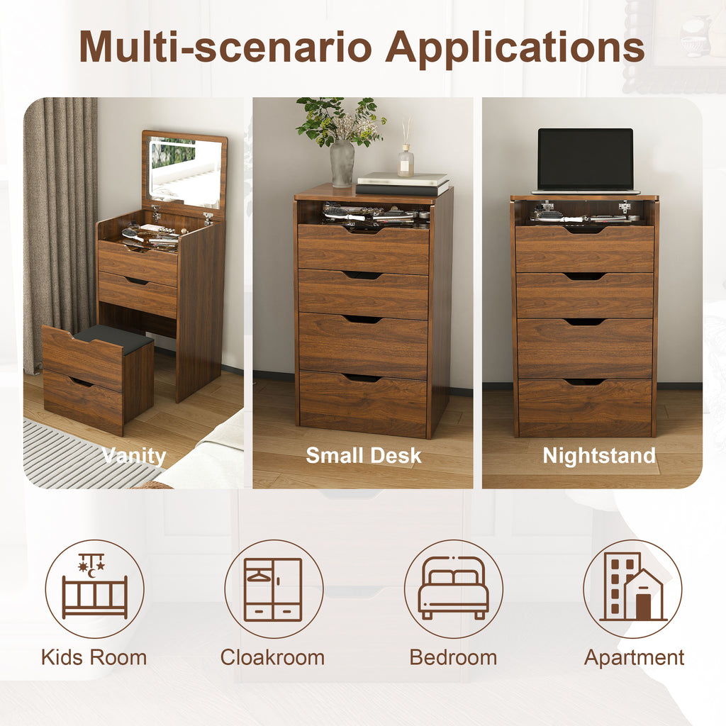 3-in-1 Vanity Desk with Lighted Mirror & Stool, Flip Top Makeup Dressing Table in Walnut Finish, Compact Storage for Bedroom or Bathroom - Grand Goldman Shop