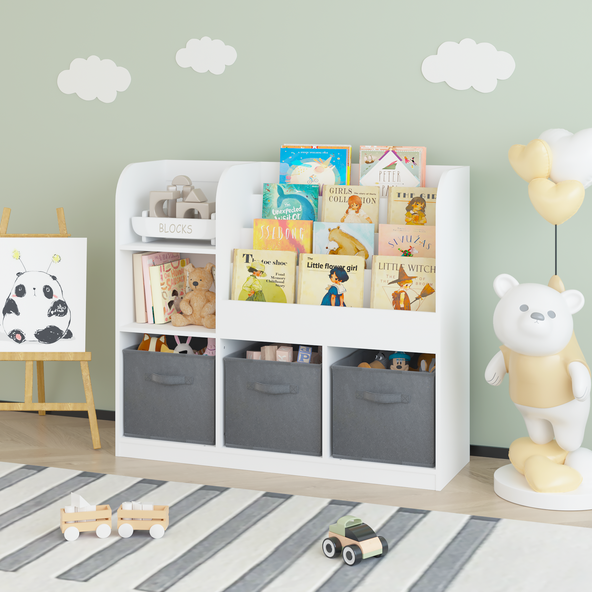 Kids Bookcase and Bookshelf with 3 Collapsible Fabric Drawers, Multifunctional Display Stand for Bedroom, Playroom, Hallway i