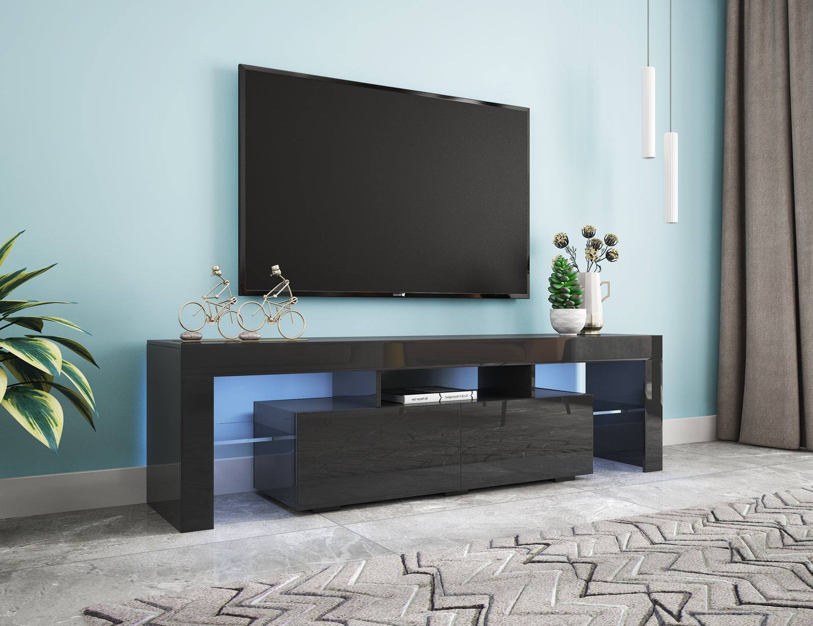 Modern Black TV Stand, 20 Colors LED TV Stand w/Remote Control Lights - Grand Goldman Shop