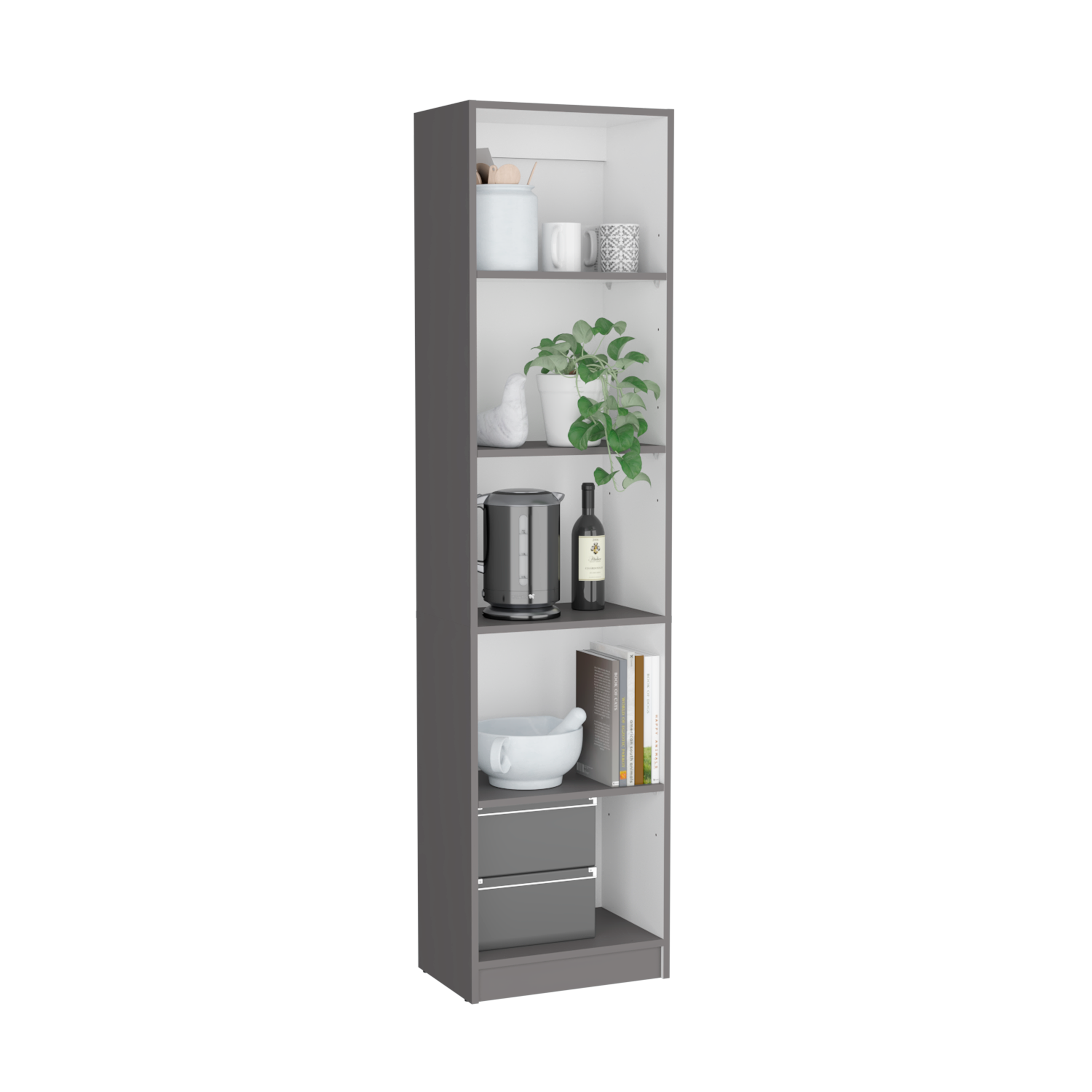 Bookcase Compact Bookshelf with Multiple Shelves, Matt Gray / White - Grand Goldman