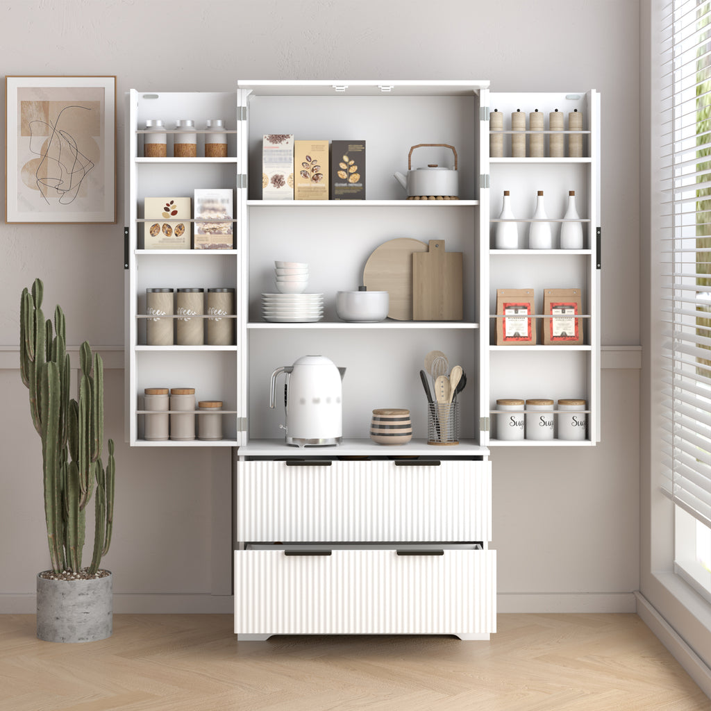 72' Modern Fluted Kitchen Pantry Cabinet with 2 Large Drawers & 8-Door Spice Rack, White MDF Freestanding Storage Organizer for Bathroom, Dining Room, Office, Entryway - Grand Goldman Shop
