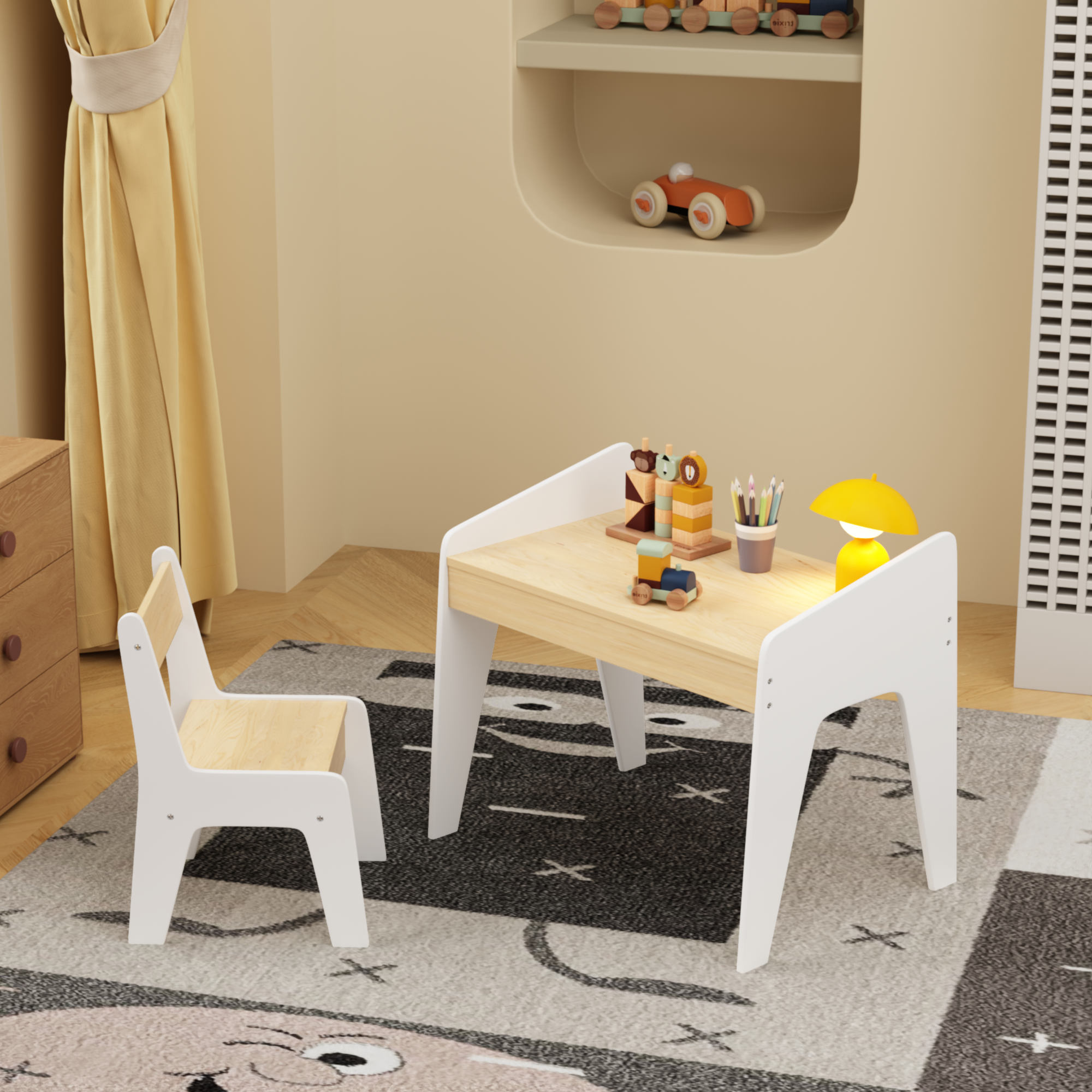 Kids Table Set with One Chair, Wooden Children Study Table, 2-8  Age Kids Funiture , White+Natural | Premium Home Decor - Gra