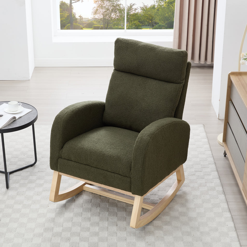 015B-Teddy Fabric Leisure Rocking Chair,Nursery Rocking Chair With Adjustable Footstool,Thickened Headrest And High Backrest, Storage Pocket On The Right Side,The Base Rocker Is Solid Wood,Green - Grand Goldman Shop
