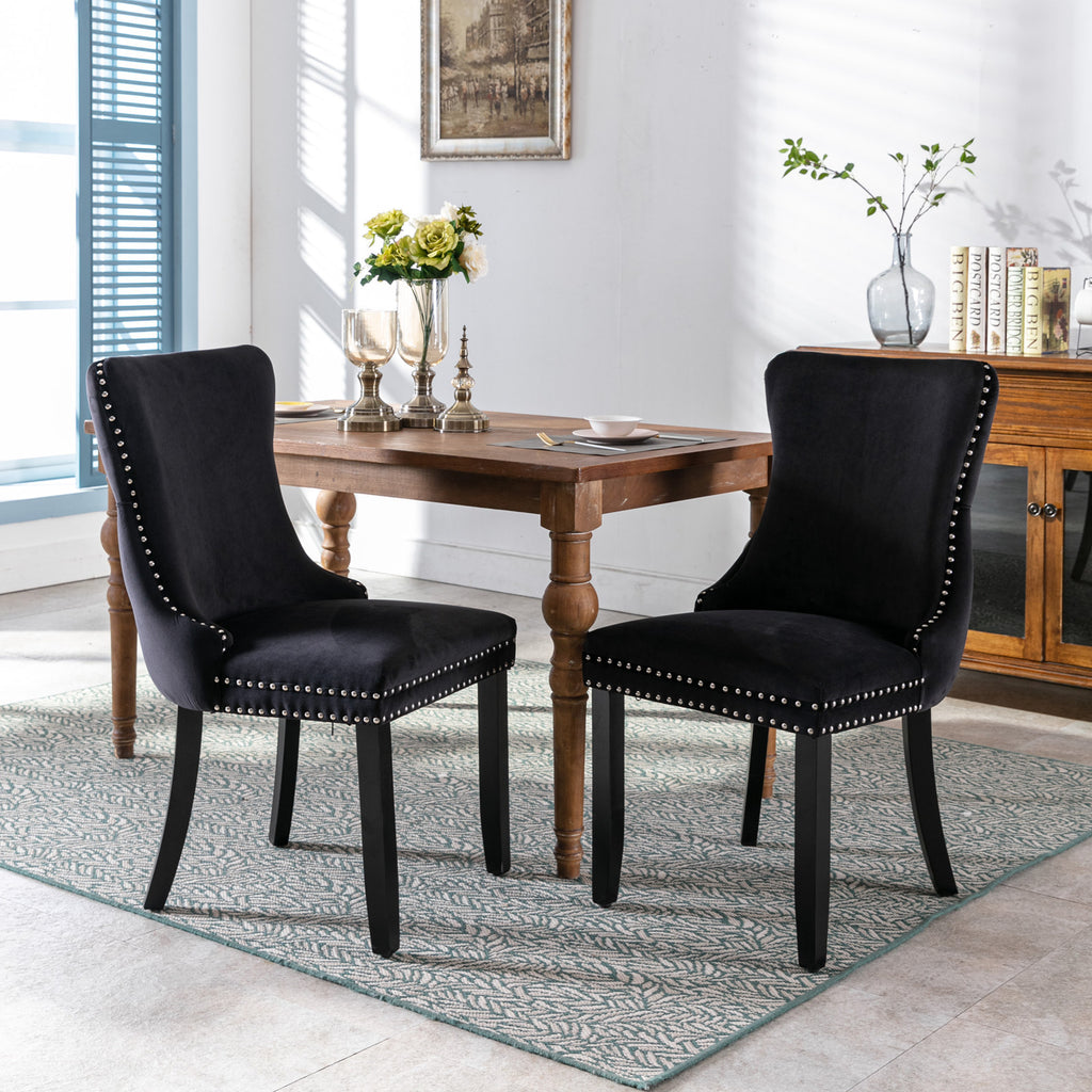 Upholstered Wing-Back Dining Chair with Backstitching Nailhead Trim and Solid Wood Legs,Set of 2, Black,SW8809BK, KD - Grand Goldman Shop