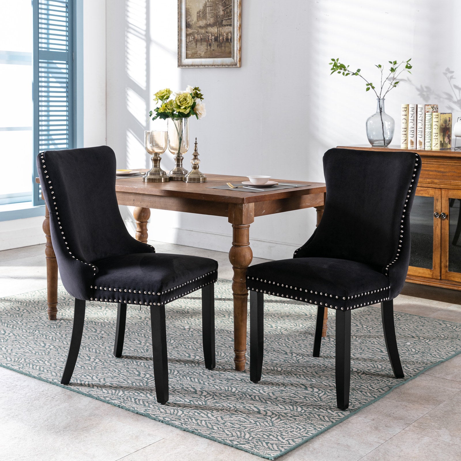 Upholstered Wing-Back Dining Chair with Backstitching Nailhead Trim and Solid Wood Legs,Set of 2, Black,SW8809BK, KD - Grand Goldman Shop