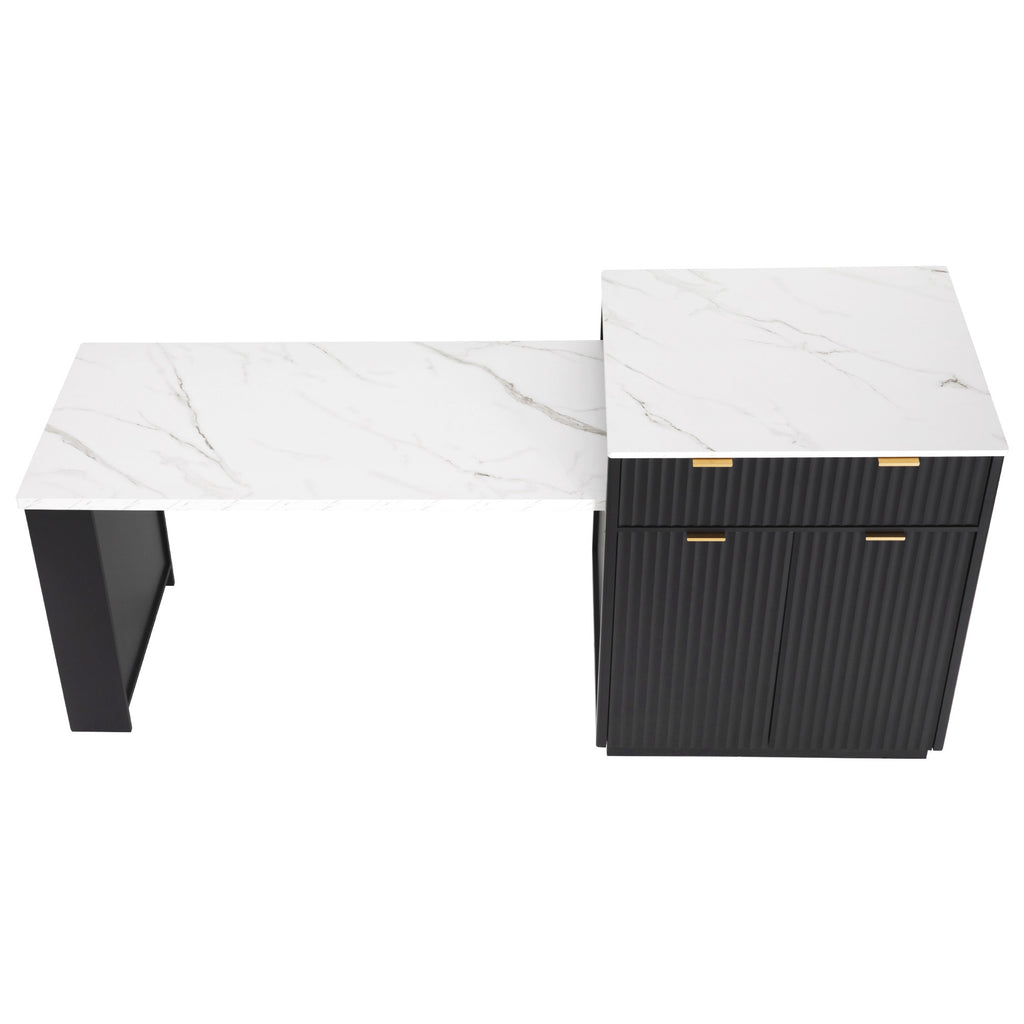 K&K 82.6' Fluted Kitchen Island with Extendable Dining Table for 4-6, Island Table for Kitchen with Power Outlet, Kitchen Table with Double-Side Storage, 2 Drawers 2 Side Open Shelves, Black - Grand Goldman Shop