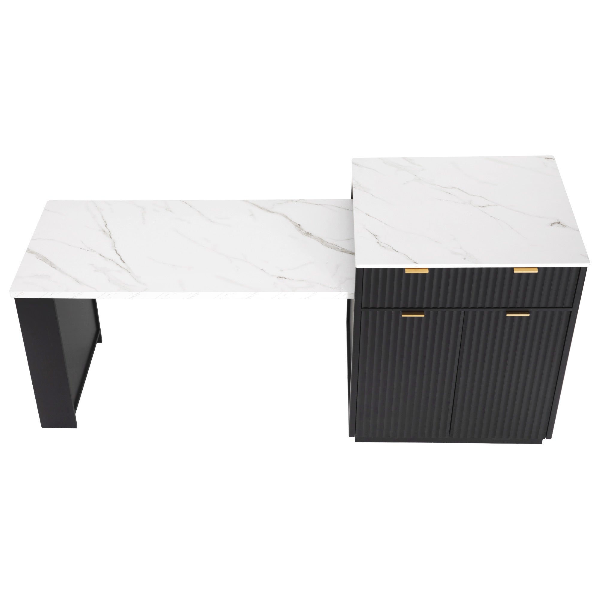 K&K 82.6' Fluted Kitchen Island with Extendable Dining Table for 4-6, Island Table for Kitchen with Power Outlet, Kitchen Table with Double-Side Storage, 2 Drawers 2 Side Open Shelves, Black - Grand Goldman Shop