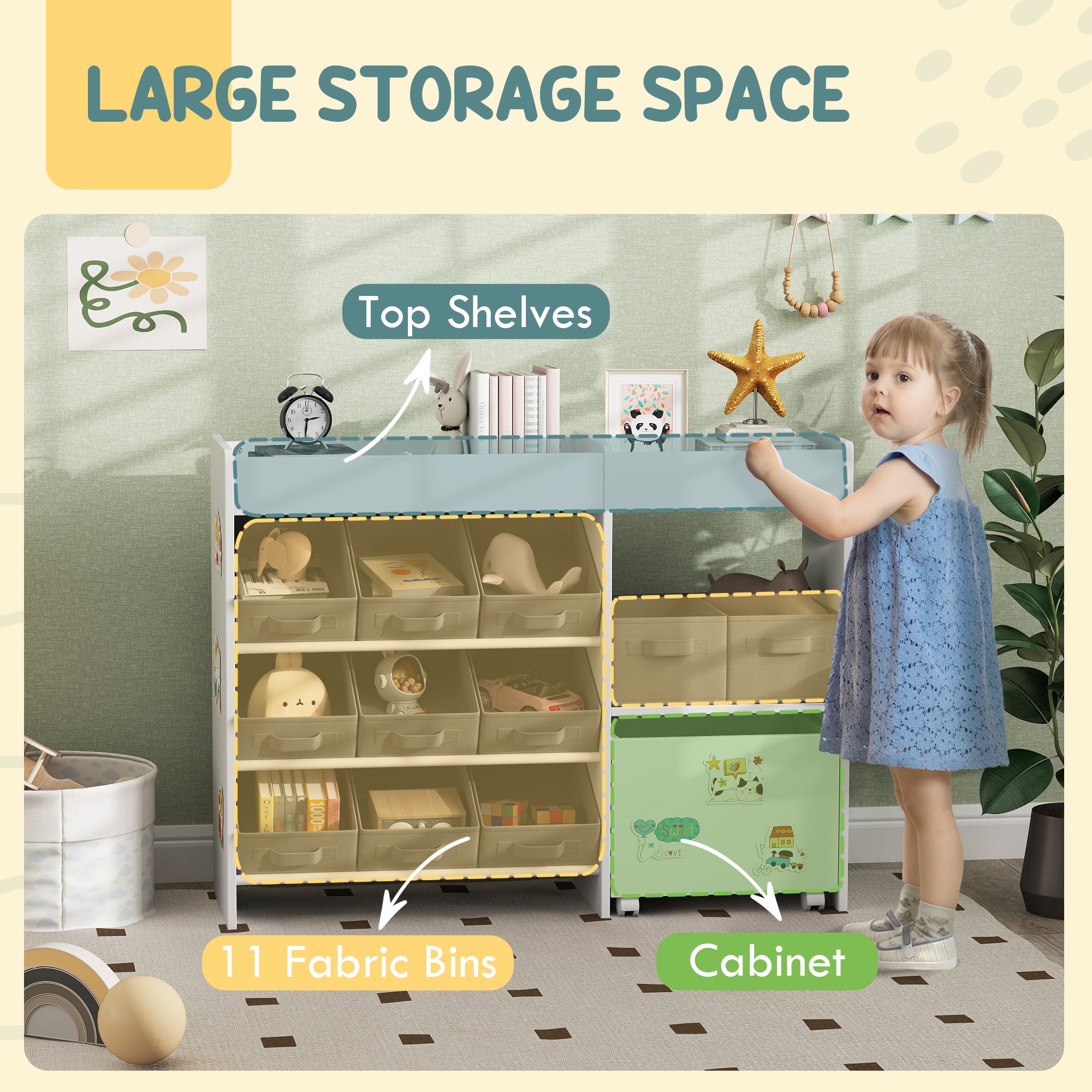 Qaba Toy Storage Organizer with 6 Shelves and 11 Fabric Bins, Moveable Cabinet and 3 Stickers, Toy Organizer for Nursery, Pla
