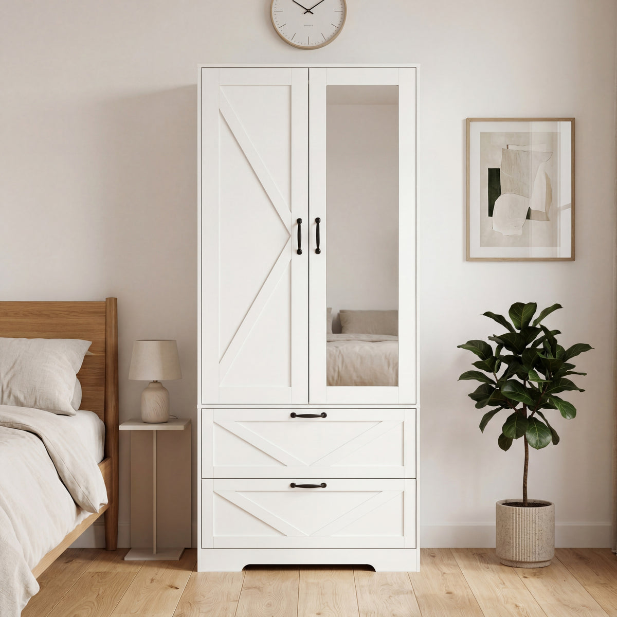 2 Door Wood Wardrobe for Bedroom with Hanging Clothing Rod inside the Cabinet and 2 Drawers for Storage Organization, Built-in induction light Multifunctional Closet with Mirror, White - Grand Goldman Shop