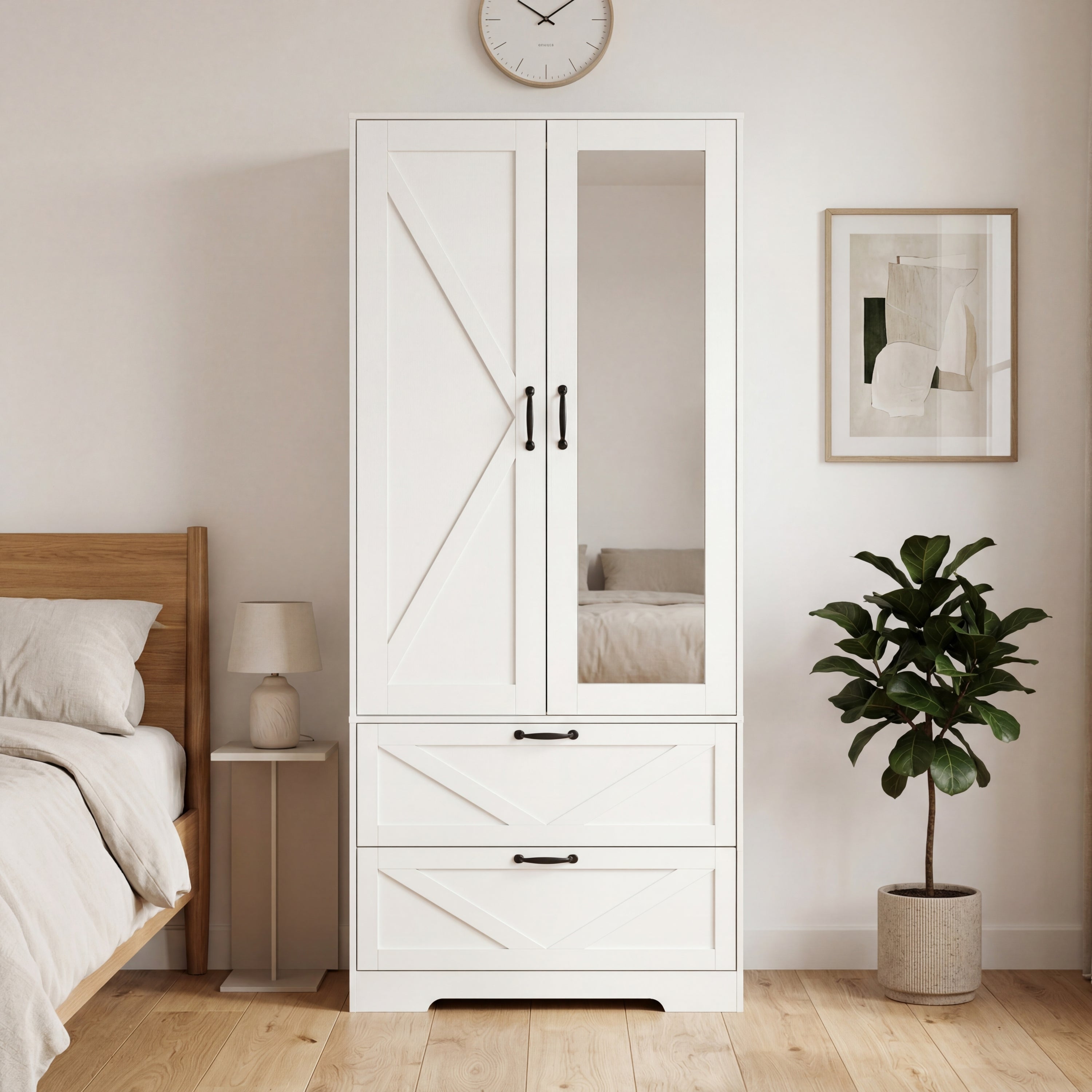 2 Door Wood Wardrobe for Bedroom with Hanging Clothing Rod inside the Cabinet and 2 Drawers for Storage Organization, Built-in induction light Multifunctional Closet with Mirror, White - Grand Goldman Shop
